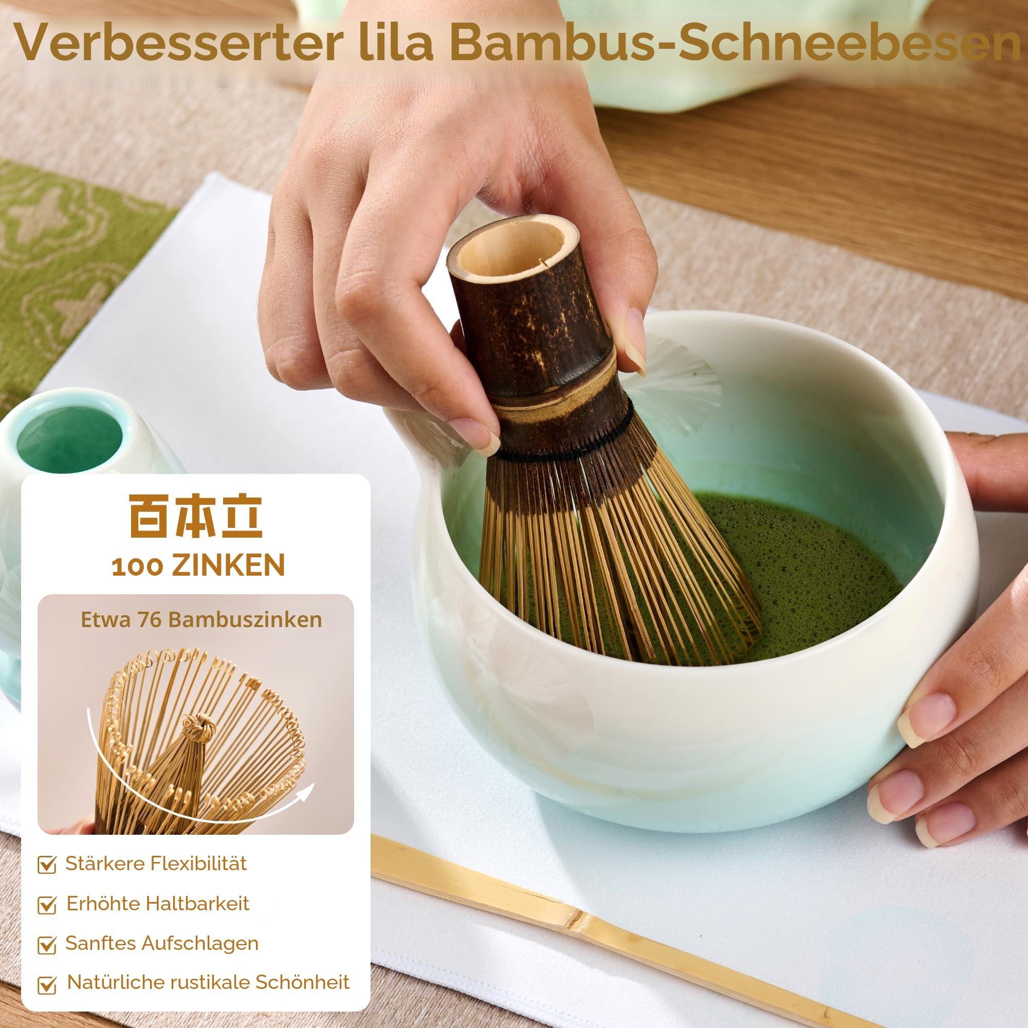 ComboJoy Matcha Set Blau - 9-teiliges Crystal Flower Matcha Schale, Bambusbesen & Halter, Matcha gläser, Eiswürfel form, Löffel & Sieb mit Halter, Teetuch - Geschenke für Frauen