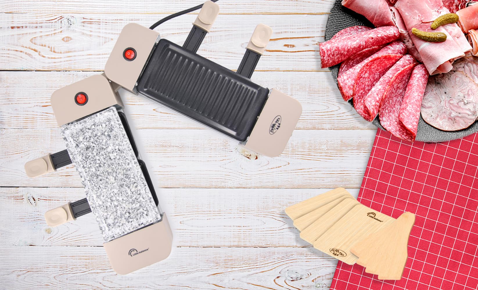 LITTLE BALANCE 8691 Wing & Cheese 4 Meuuuh...!, Raclette Pierre à Cuire, Modulable rotatif 360°, 4 personnes, Sans PFAS, 640 W, Muscade