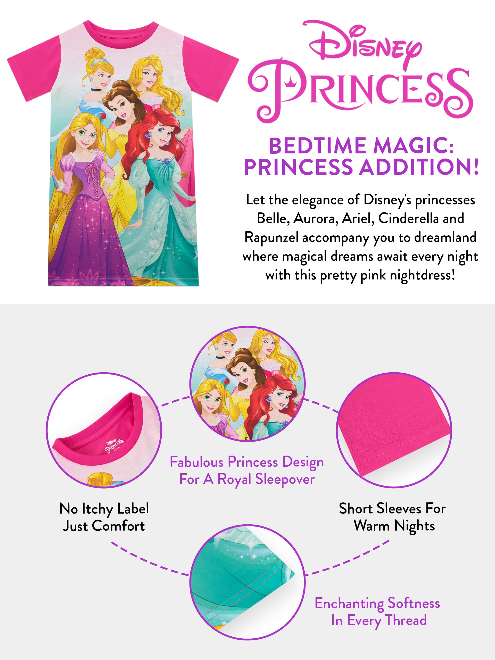 Disney Princess Chemise de Nuit Fille | Robe de Nuit Princesse pour Enfants | Pyjama Court Ariel Rapunzel Cinderella Belle Aurora