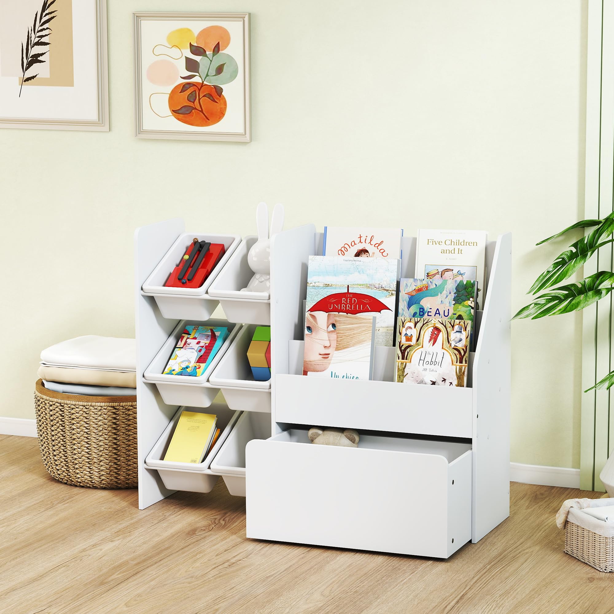 AIYAPLAY Meuble Rangement Enfant, Rangement Jouet Enfant, 6 bacs Amovibles et Grand Coffre à roulettes, bibliothèque à 3 Niveaux pour Chambre ou Salle de Jeux, Blanc