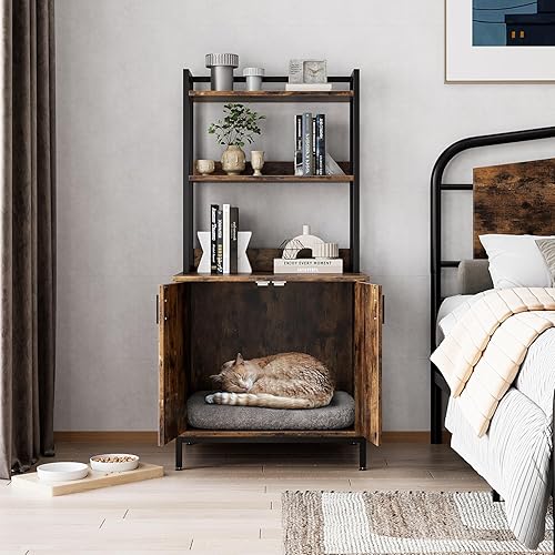 Miniatura 6 de GAOMON Caja de arena para gatos, mueble oculto de madera grande para gatos con 2 estantes de almacenamiento y puertas, gabinete de almacenamiento de