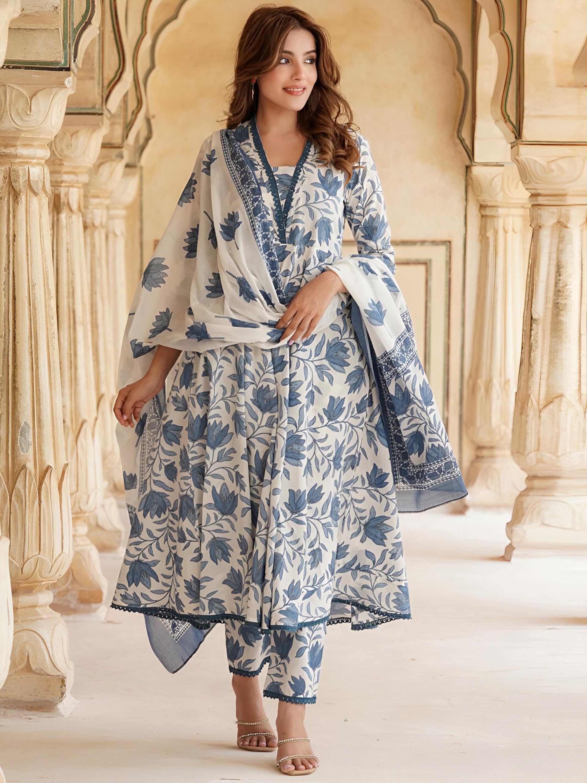 INDACORIFY Blumenbedruckte Kurta aus Anarkali-Baumwolle mit Hose und indischem Dupatta-Anzug