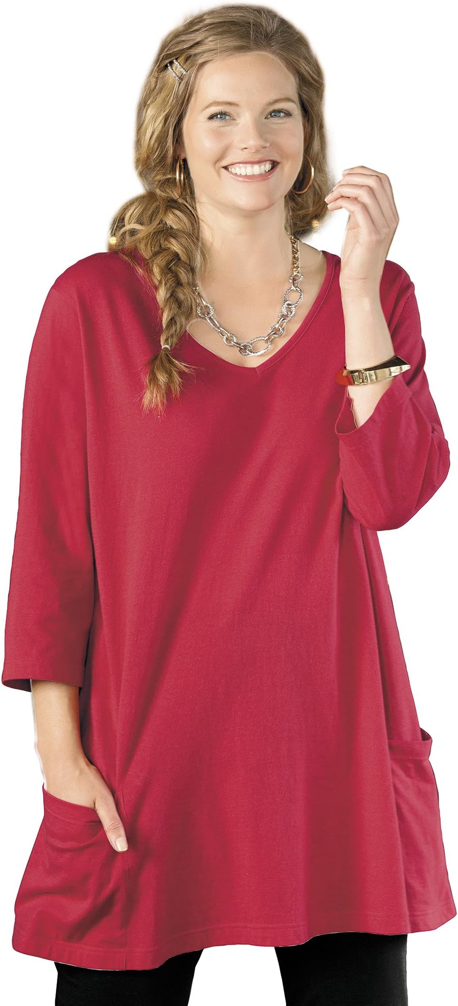 Ulla Popken Plus Size Patch Pocket Swing Knit Tunic - Persimmon, 16/18