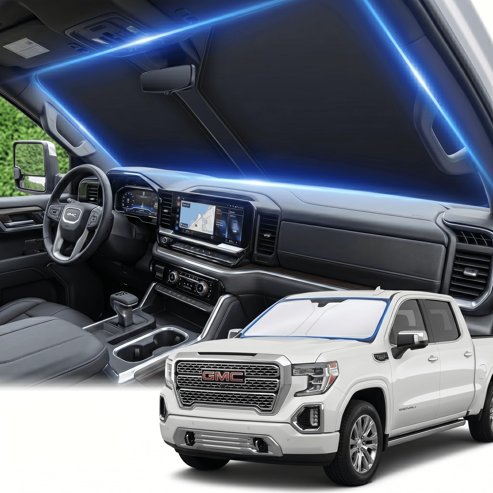 GMC 시에라 1500 2500 3500 SLT AT4 Denali 2019-2025용 앞유리 햇빛 가리개 더블 레이어 240T 전면 창문 쉐이드 맞춤형 핏 선바이저 접이식 쉐이드 블록 UV 광선 여름 머스트 해브 자동차 액세서리