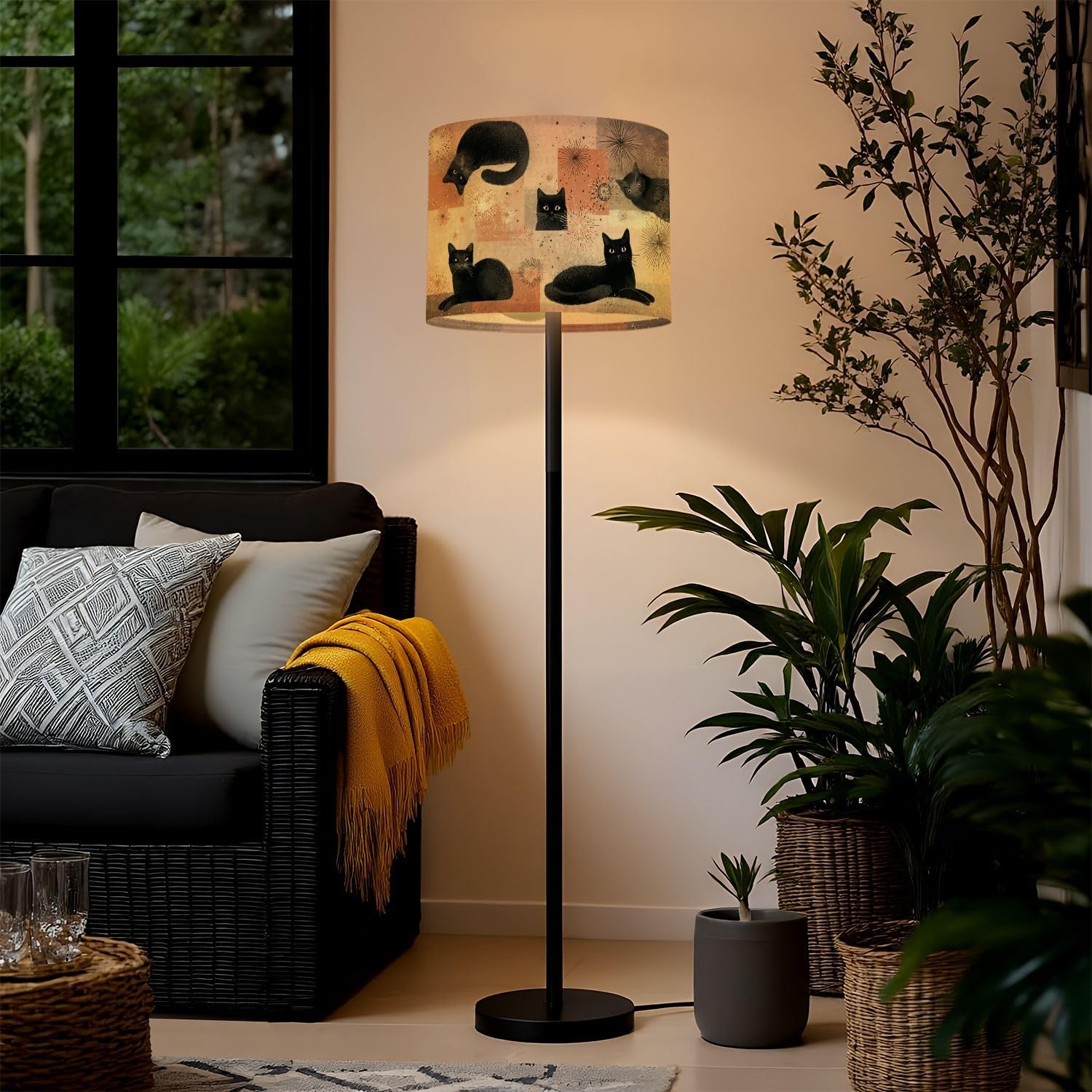 Drum Lamp Shades Retro Pop Art Black Cat Print Mid Century Modern Vibes Lampshade for Floor Lamps Table Lamp Pendant Light Linen 11"x11"x9" Replacement Large Lampshades