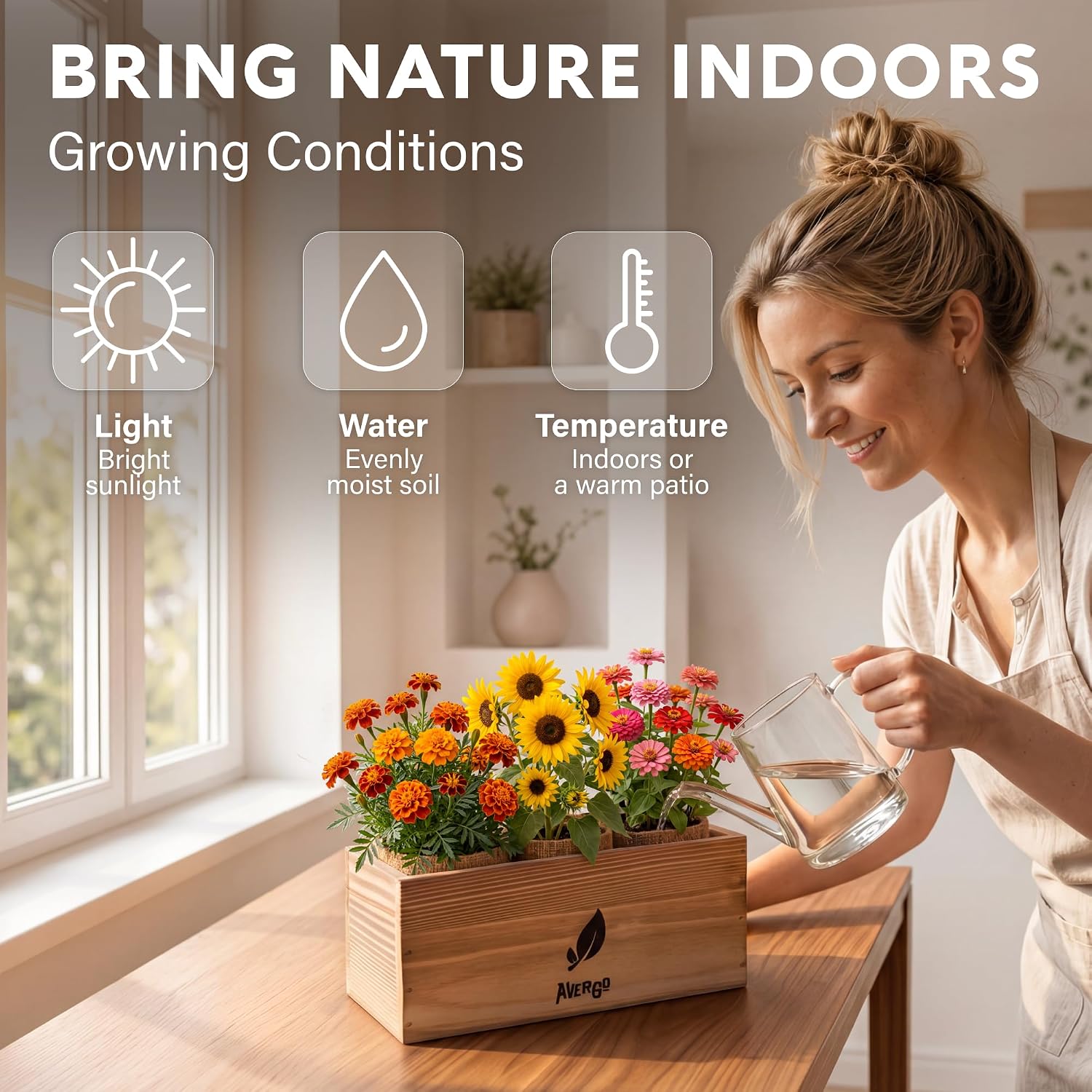AVERGO Sunflower, Marigold & Zinnia Flower Seeds Growing Kit | Complete Indoor & Outdoor Kit with Seeds for Planting, Planters, Soil, Tools, Instructions