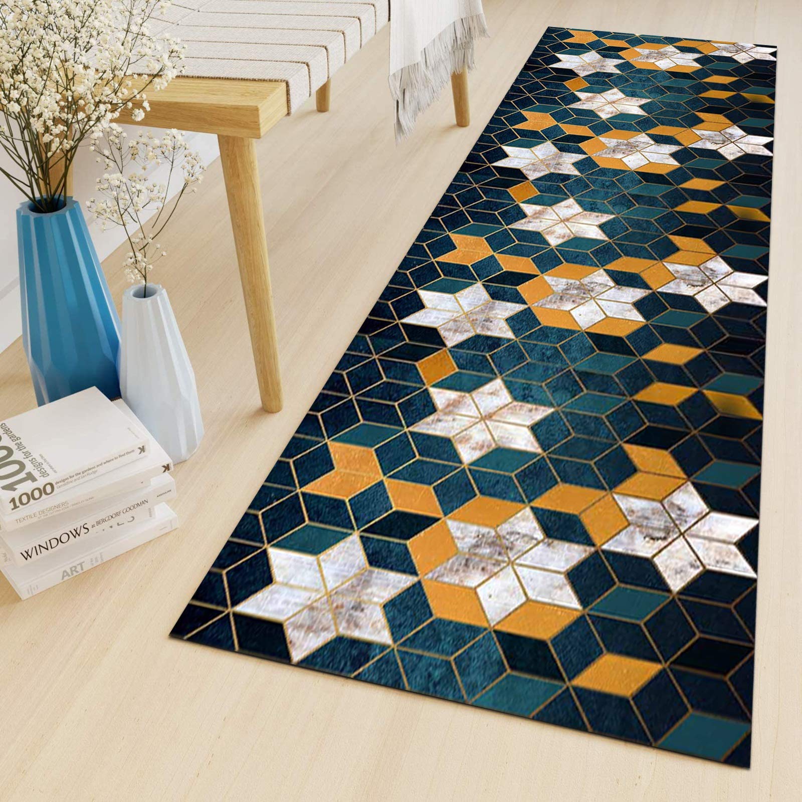 Dywan chodnik na korytarz geometryczny antypoślizgowy, chodnik kuchenny dywan poliester nadaje się do prania w korytarzu, kuchni, sypialni, salonu, szerokość 60 cm/80 cm/90 cm/100 cm (rozmiar: 80 x 300 cm)