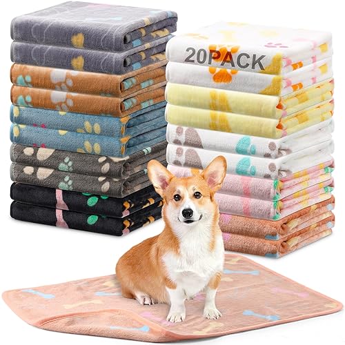 Hahafelt 20 Pcs Dog Blankets 30 x 20 Inches Puppy Blankets with Paw Print Soft Fluffy Fleece Pet Sleep Mat Flannel Throw Washable for Small Medium Large Dogs Puppy Cats, 10 Styles