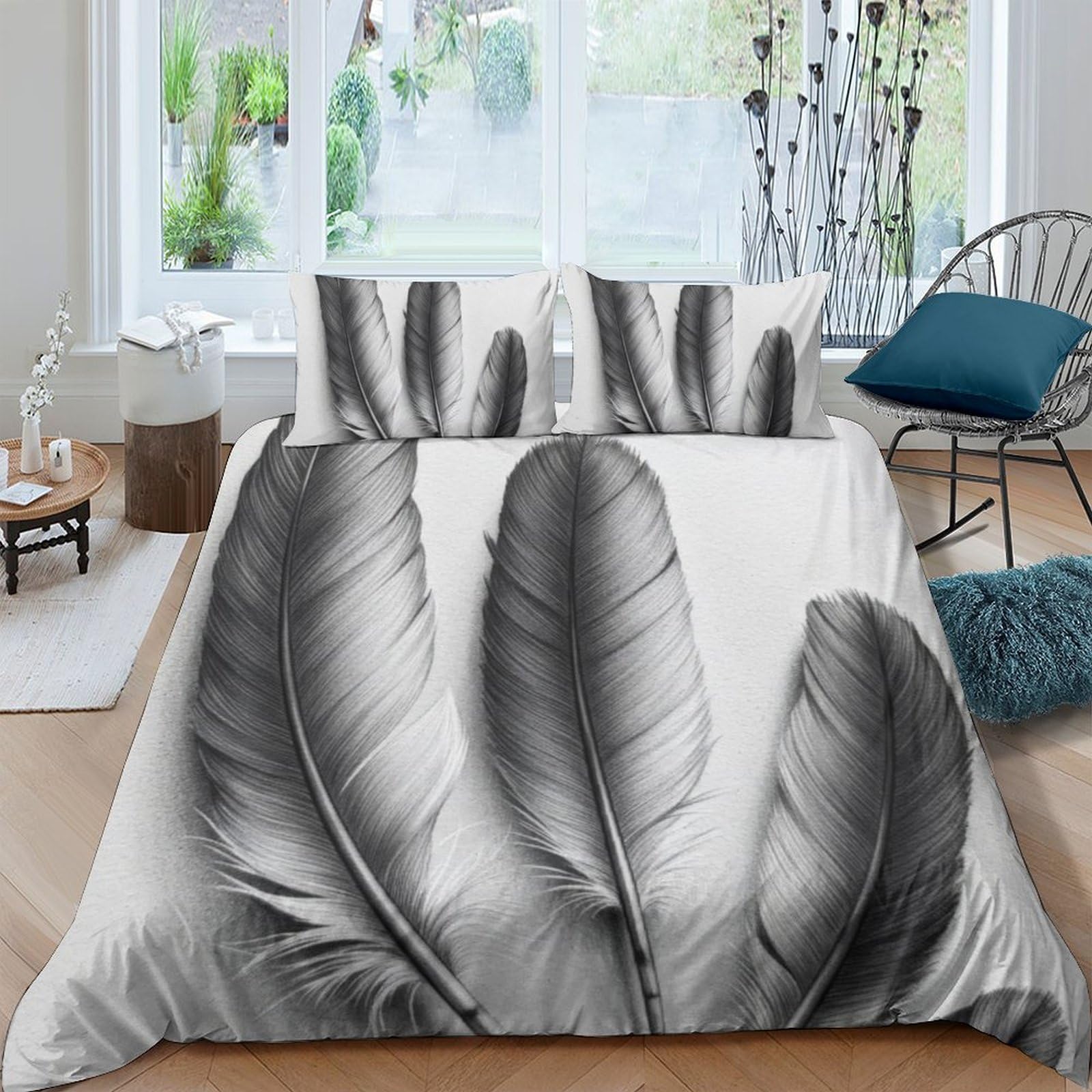 Ctjqhvkz Style-8 3D Printed Grey Feather Fitted Sheet Microfiber Soft Anti-Slip Black Leaf Mattress Cover For Bedroom Dorm Home Decor Single（135X200cm）
