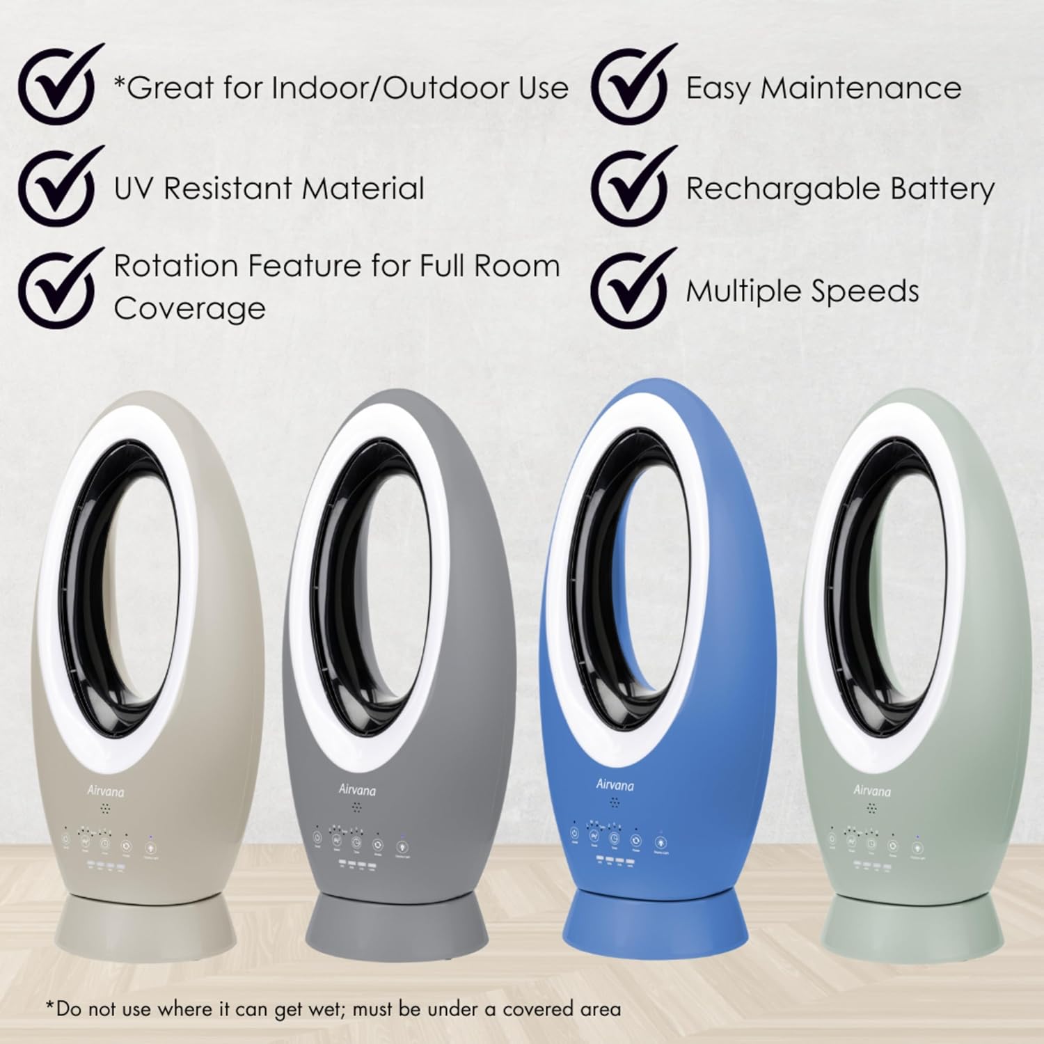 Four Airvana Bladeless Fans in different colors with a checklist of benefits: Indoor/Outdoor Use, UV Resistant, Rotation Feature, Easy Maintenance, Rechargeable Battery, Multiple Speeds.