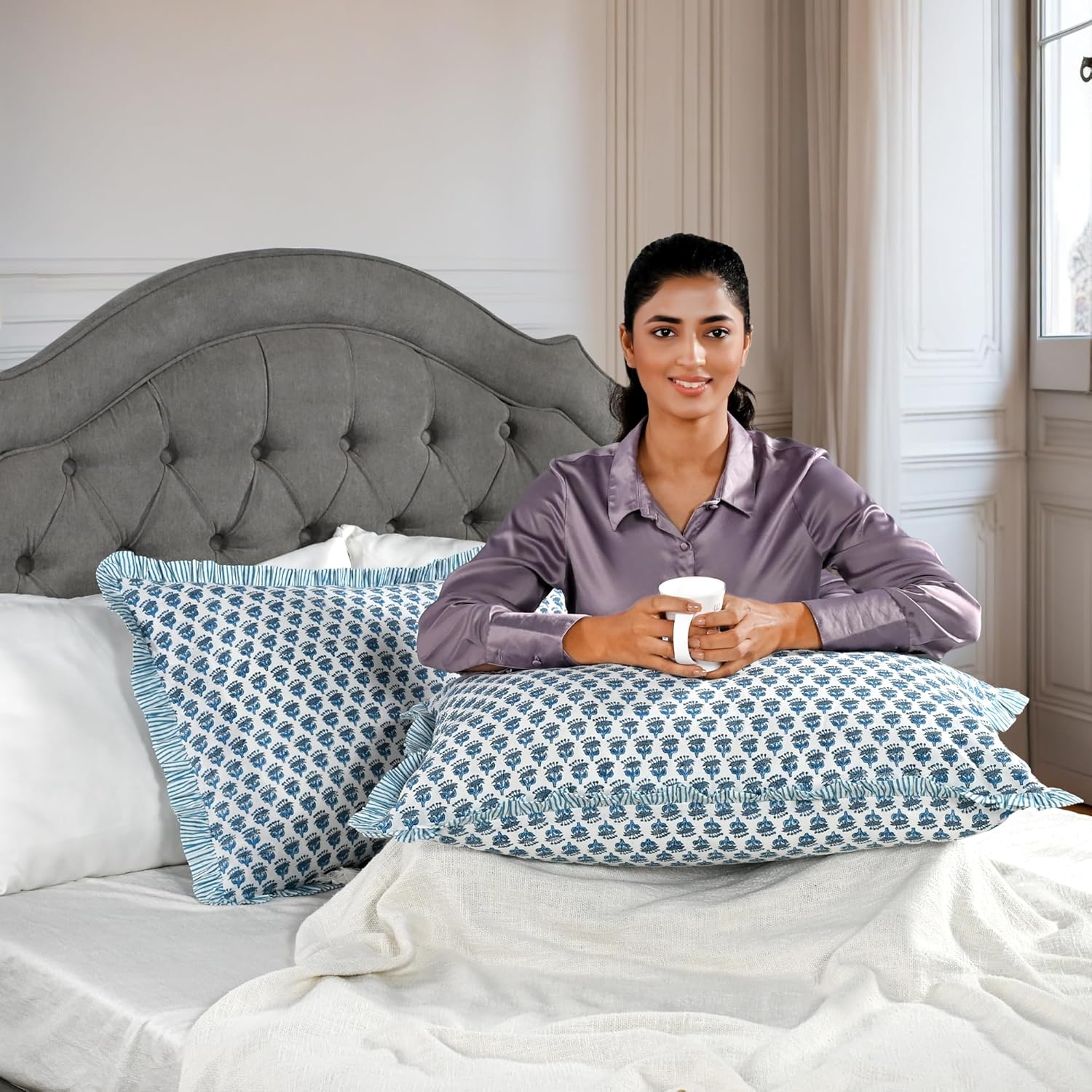 CPC Apatite Blue 100% Cotton Block Print Ruffle Sham Cover 20X30 inch Pack of 2, Handmade Boho Floral Pillowcase, Soft Decorative Lumar Cushion Cover for Bedroom Décor - Image 8