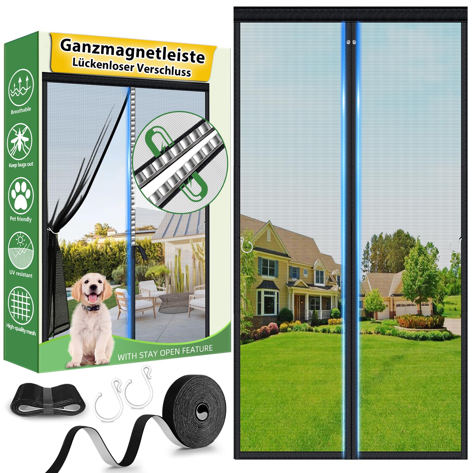 HOFUDON Fliegengitter Balkontür Magnet 100x200 cm, Ganze Durchgehender Magnetverschluss ohne Lücken für Fiberglas Fliegengitter Tür Insektenschutz ohne Bohren, Reißfest, Wetterfest, 4cm Klettband Oben