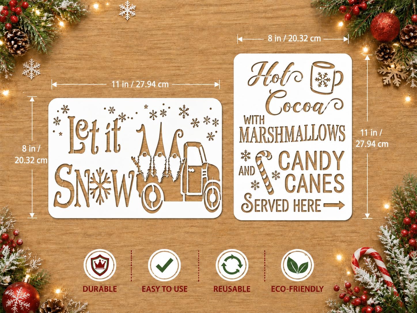 Christmas Stencils for Crafts Reusable – 9 Pc Large Christmas Stencils for Painting on Wood – Let it Snow, Santa, Sleigh Ride, Snowflake, Gnome, Merry Christmas Stencil, Ornament & Xmas Stencil