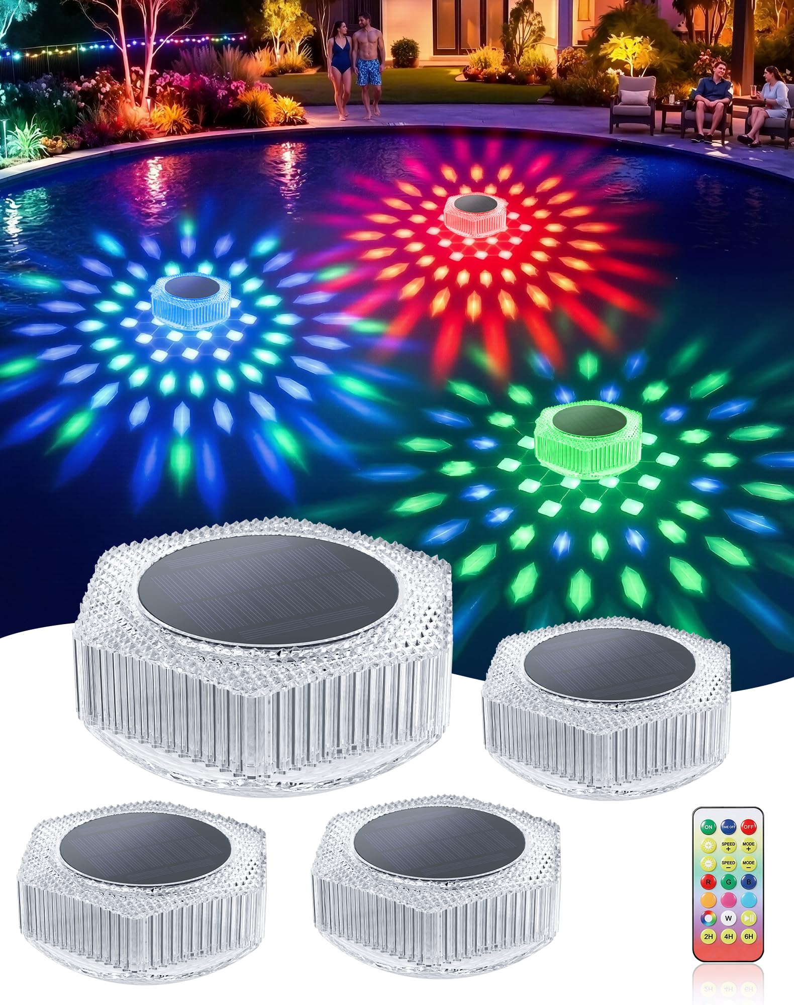 BUCASA Solar Schwimmende Poolleuchten mit Fernbedienung, IP68 wasserdicht, 4 Stück | Kompakte schwimmende Lichter verleihen Pools, Whirlpools und Teichen ein sanftes Leuchten
