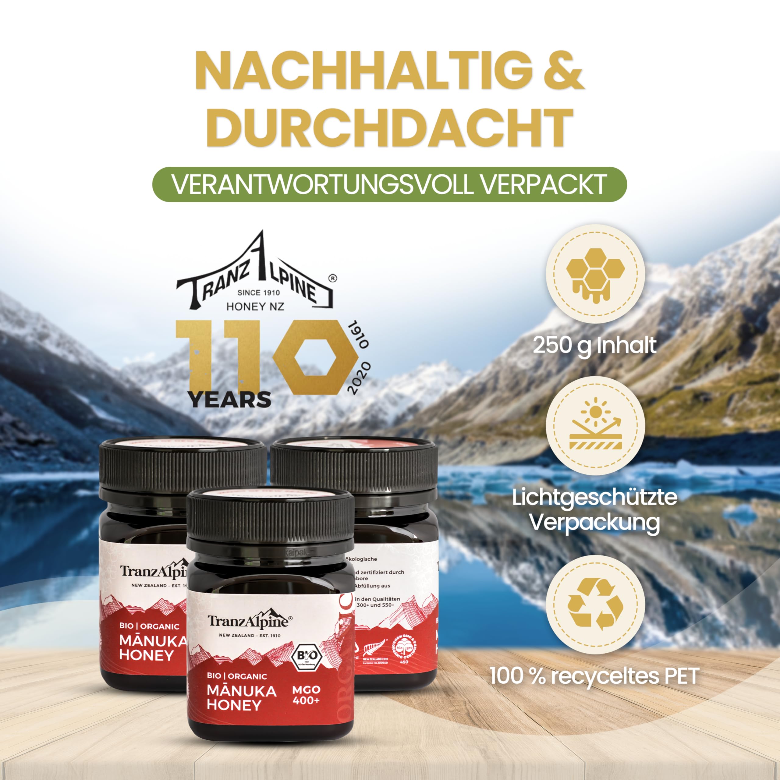 TranzAlpine Manuka Honig BIO-zertifiziert 250g - MGO 400+ | 100 % reiner Premiumhonig aus Neuseeland - Laborgeprüft & Original-Imkerabfüllung