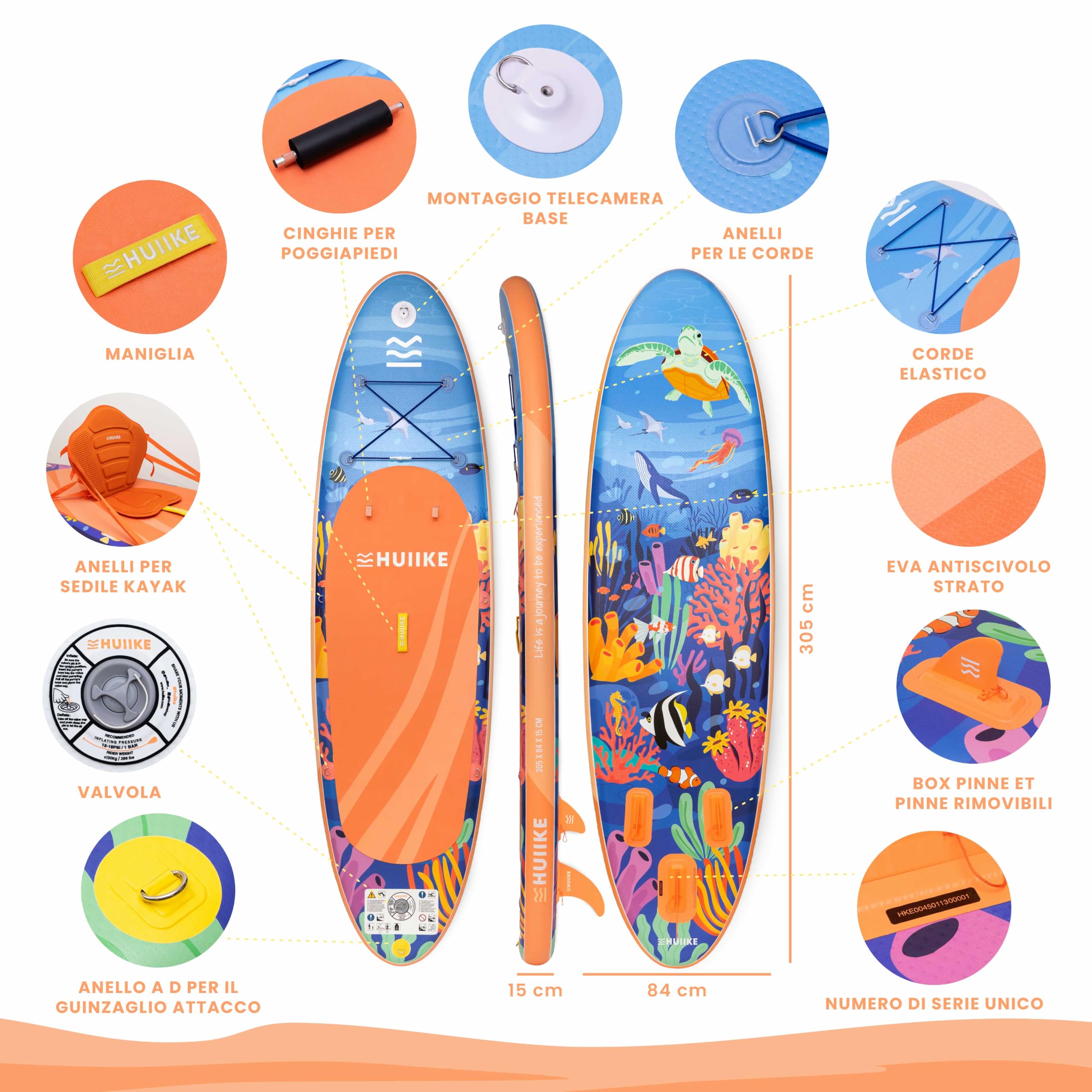 HUIIKE Tavola Sup Gonfiabile Adulti con Accessori Inclusi, Pagaia, Pinne, Pompa. Stand Up Paddle Board con Grande Stabilità e Resistenza. 305 x 84 x 15 cm, Carico Massimo 130 kg