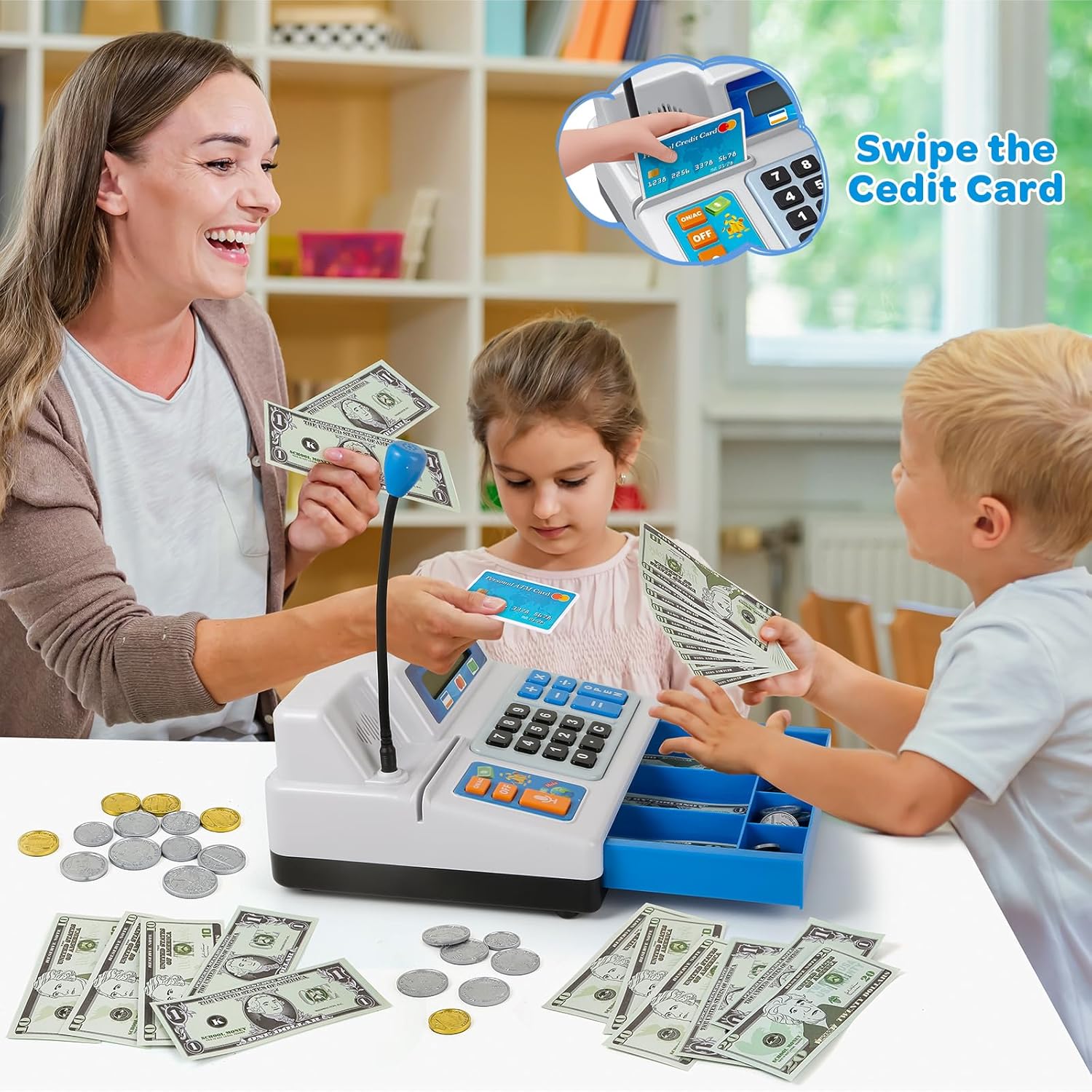 Cash Register Toy for Kids, 120 Pcs Grocery Store Playset with Credit Card, Grocery Boxes, Microphone, Calculator Cash Register Toy Gift for Toddlers, Grey