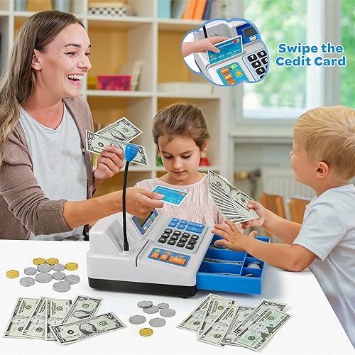 Vista 6 de Calculadora de caja registradora de juguete de regalo para niños de 3, 4, 5, 6, 7, 8 años o más, juego de 120 piezas de tienda de comestibles