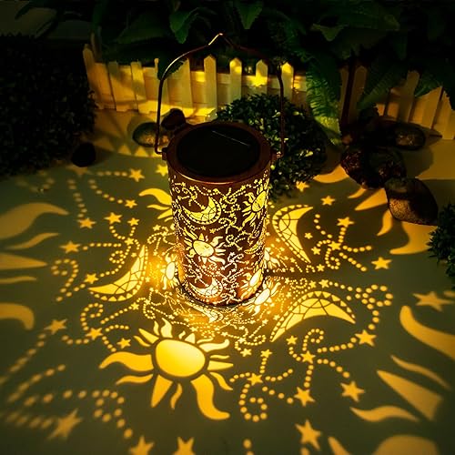 Miniatura 2 de Faroles solares colgantes para exteriores, faroles decorativos de metal con sol y luna, luz LED decorativa impermeable para jardín, patio, césped,