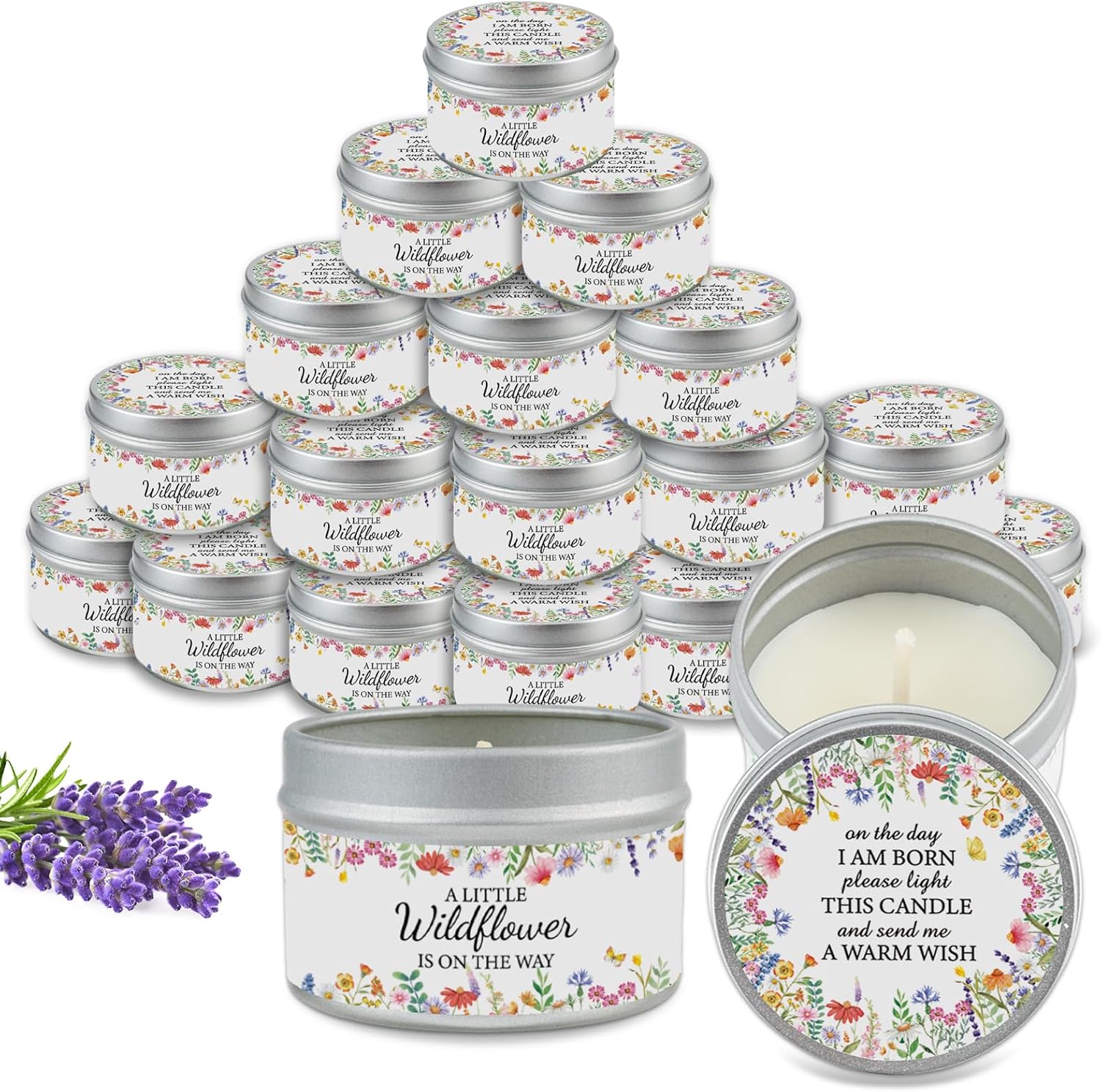 Nlicrst 24Pcs Wildflower Baby Shower Party Candles, Lavender Scented Candles for Baby Shower Favors, Christening & Birthday Parties, Gender Reveal Return Gifts