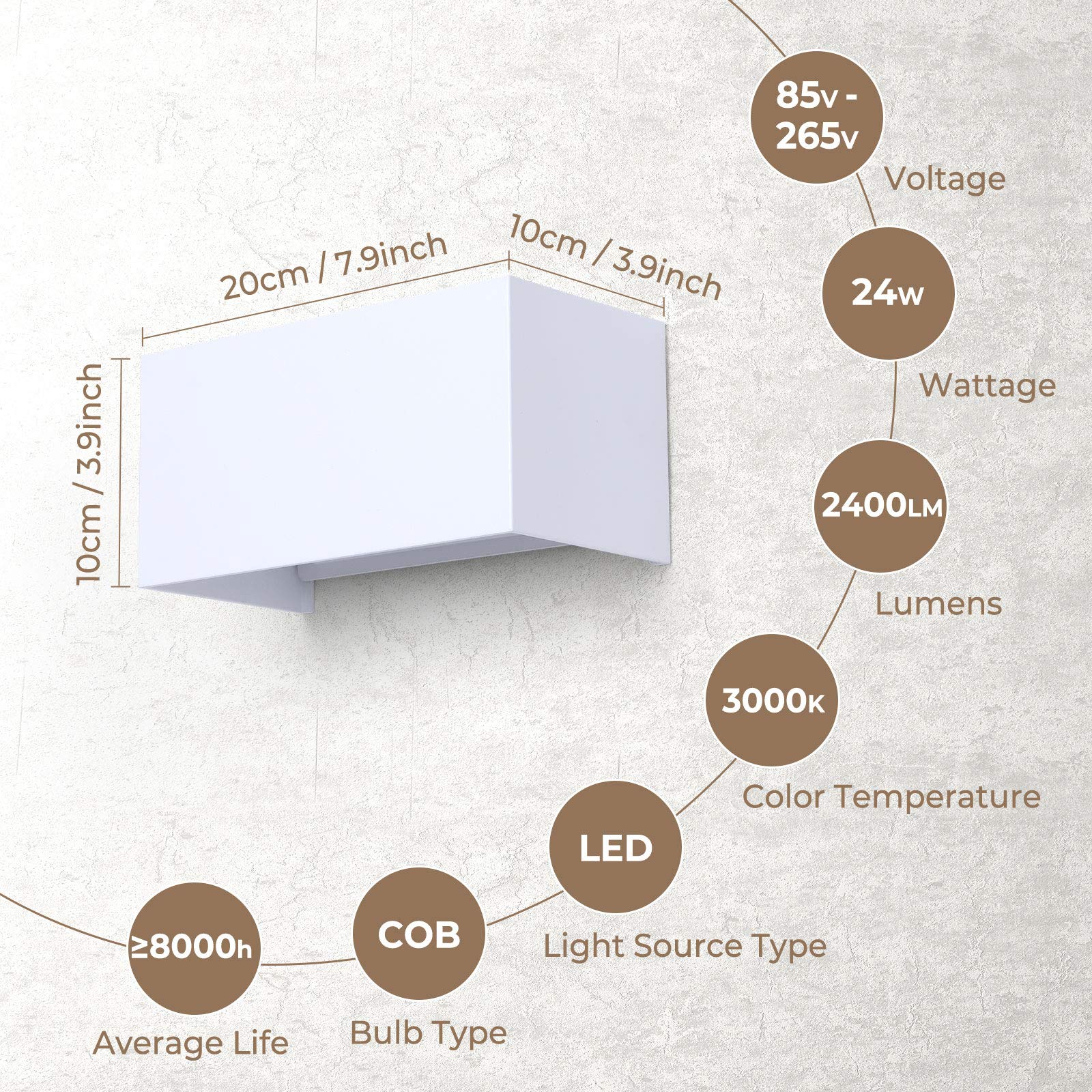 ENCOFT 24W Applique Esterno Interno COB LED, Lampada da Parete Muro IP65 Impermeabile, Luce Bianco Caldo 3000K, in Alluminio Angolo Regolabile, Bianco