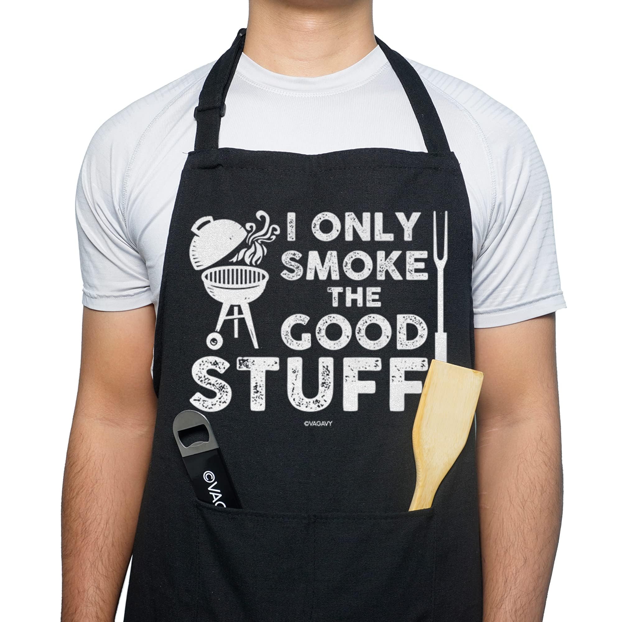 ALUNME Funny Black Cotton Apron for Men, BBQ Grill Cooking Gift for Dad, Husband, Father's Day (I Only Smoke the Good Stuff)