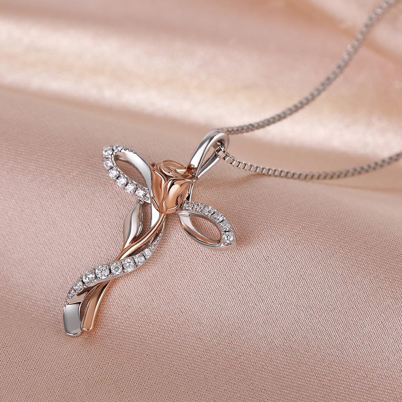 Collana Croce Infinito Rosa 18K placcato in oro bianco per Donna in Argento Sterling 925 con Ciondolo Diamante Simulato, Gioiello Elegante per Donne