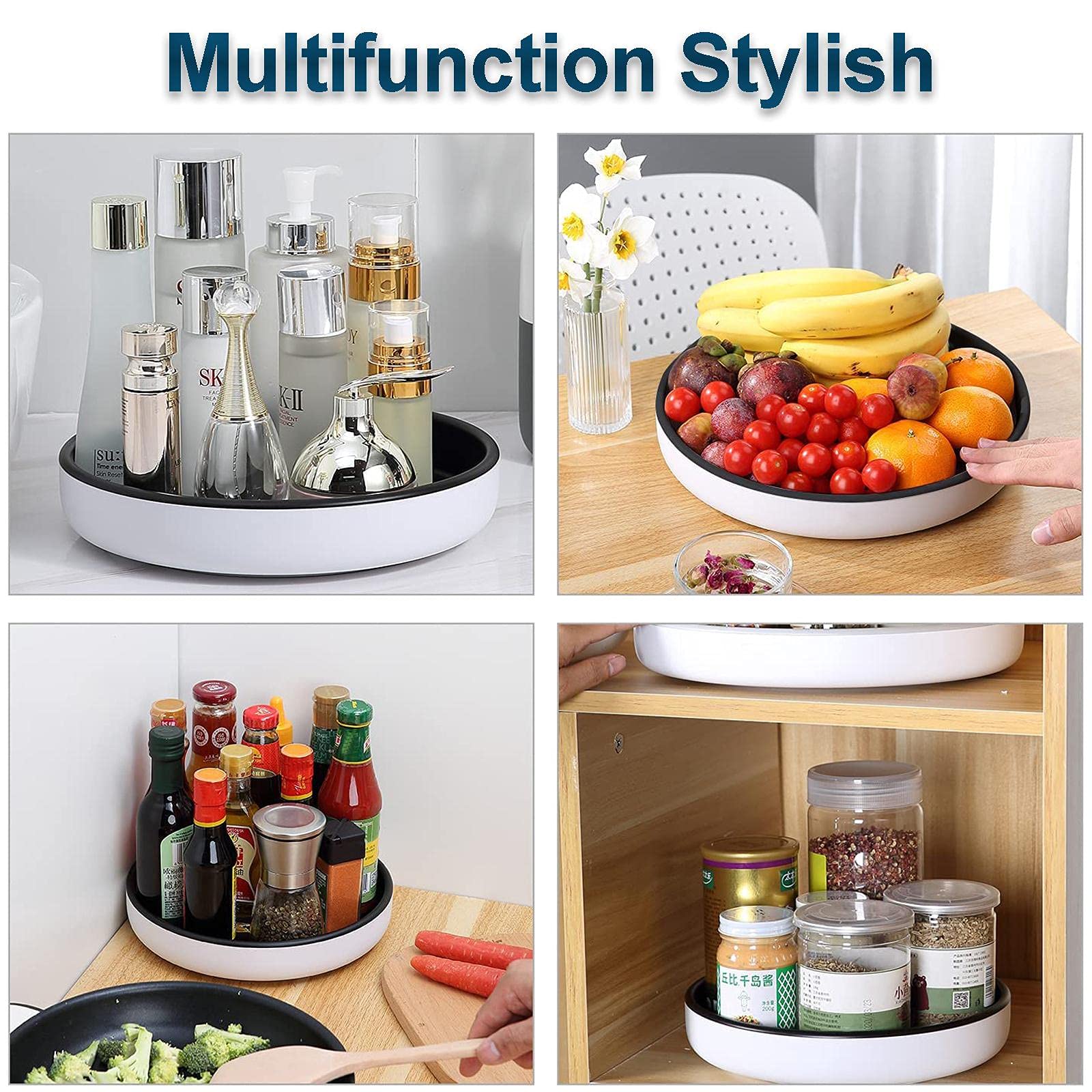 Lazy Susan Lot de 2 étagères à épices antidérapantes 25,4 cm pour cuisine, comptoir, meuble de présentation rotatif à 360 degrés Noir/gris