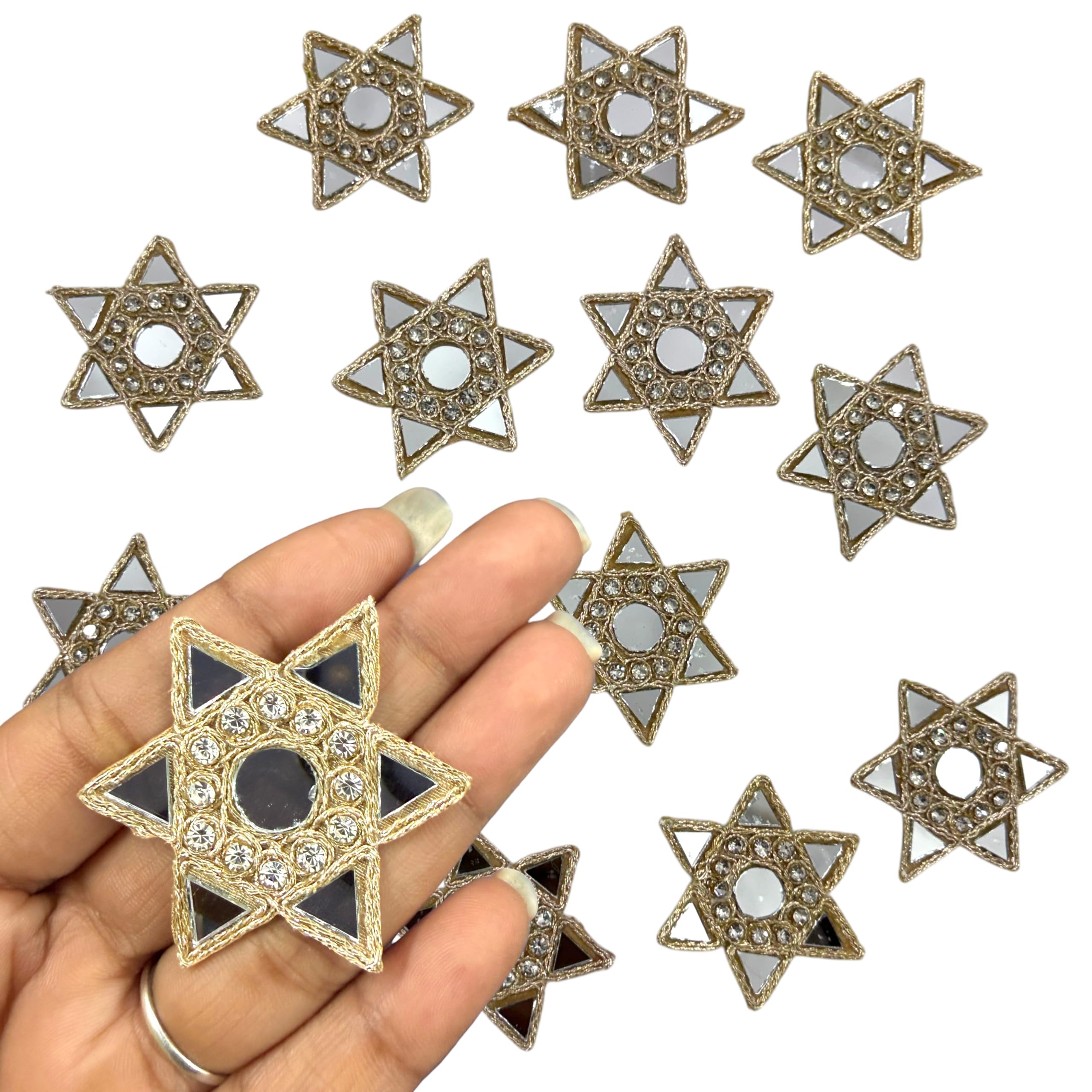 Mirror Embroidery Patches for Saree Lehenga 60mm 15Pcs | Gold Embroidery Work, Star Shape Design, Kurti & Dupatta Use, Rhinestone Embellished, Sew-On Applique-image-34