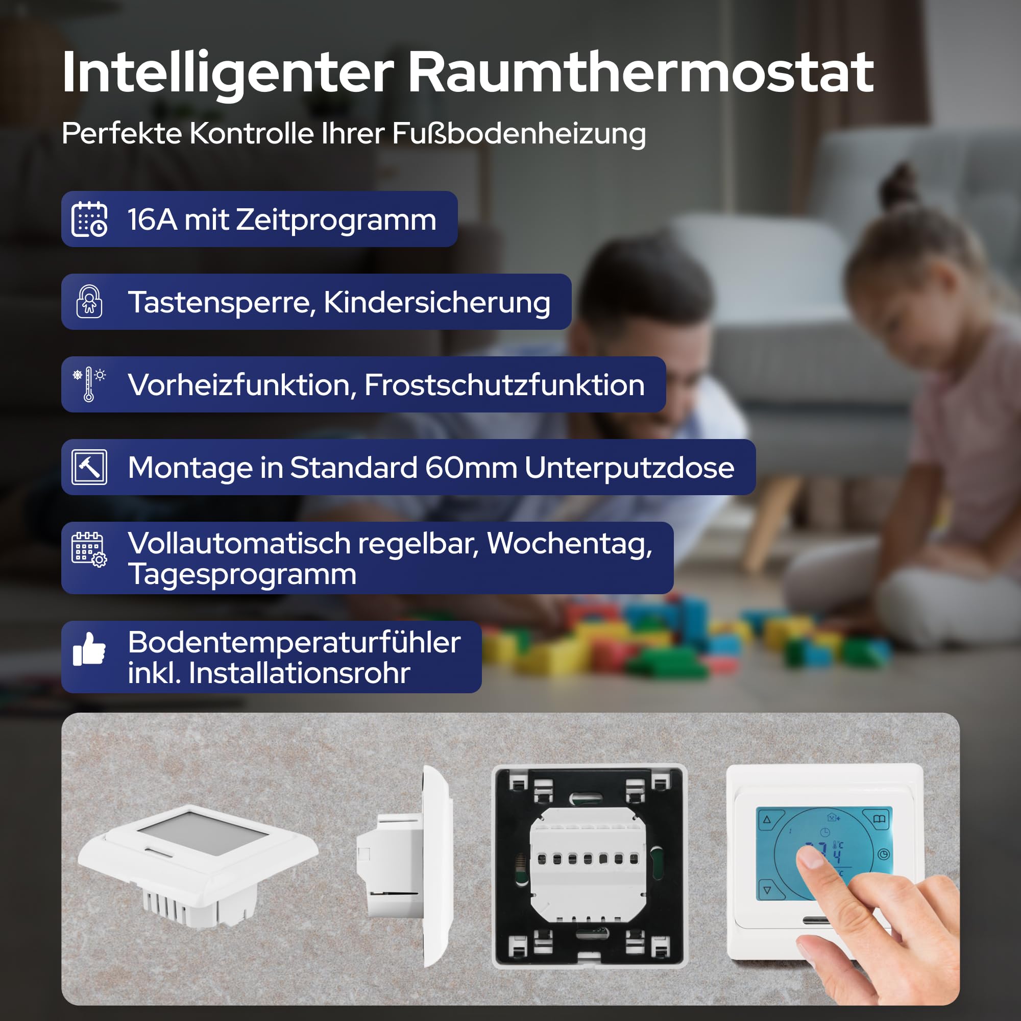 VILSTEIN® Elektrische Fußbodenheizung 150W/m² – Komplettset mit Touchscreen-Thermostat – IP67 Heizmatte für Fliesen, Laminat, Parkett & mehr – Twin-Technologie – 1m² bis 15m²