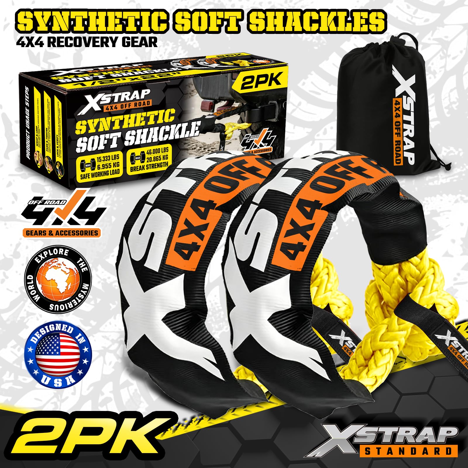 XSTRAP STANDARD Grillo sintetico morbido da 1/2 pollici x 22 pollici (25,9 kg resistenza alla rottura) con maniche extra e custodia per vela SUV ATV camion Jeep rimorchio di recupero, confezione da 2