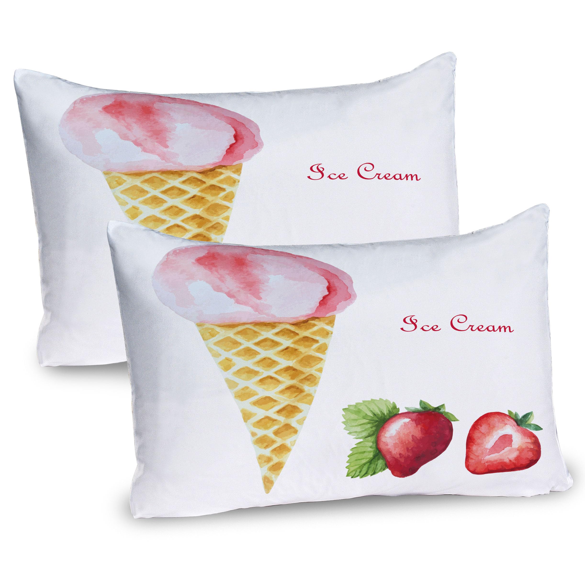 Ambesonne Ice Cream Pillow Sham Set of 2, Watercolor Strawberry Flavor Summer Girls Yummy Art Print, Quality Microfiber Bedding Item for All Seasons, 36
