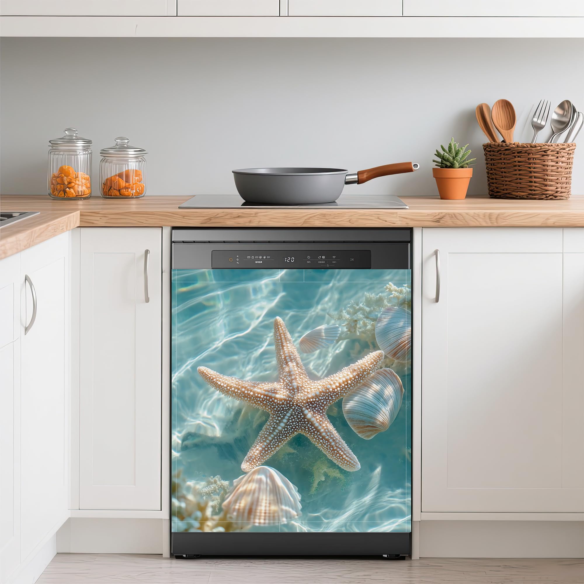 Starfish Dishwasher Covers for The Front Magnetic,Green Ocean Seashells Refrigerator Magnets Decoration,Reusable Dishwasher Cover Panel for Home Kitchen Decor 23x26 Inch