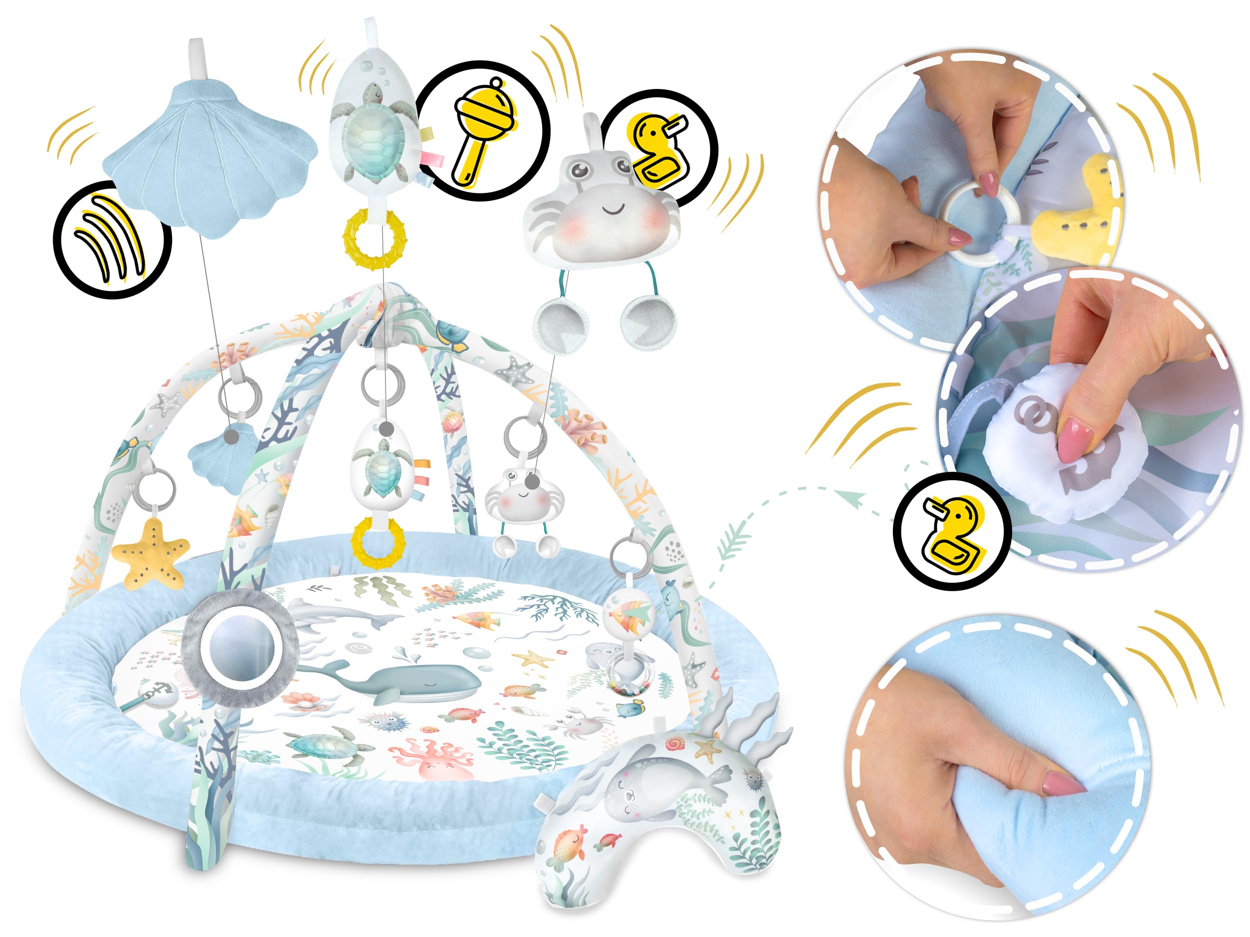 Nukido Gimansio De Actividades para Bebé Evolitivo Alfombra De Juegos con Arcos Extraíbles 7 Juguetes Multifuncionales Almohada Suave Desarrollo Sensorial Coordinación Mano-Ojo Plegable Azul Ocean