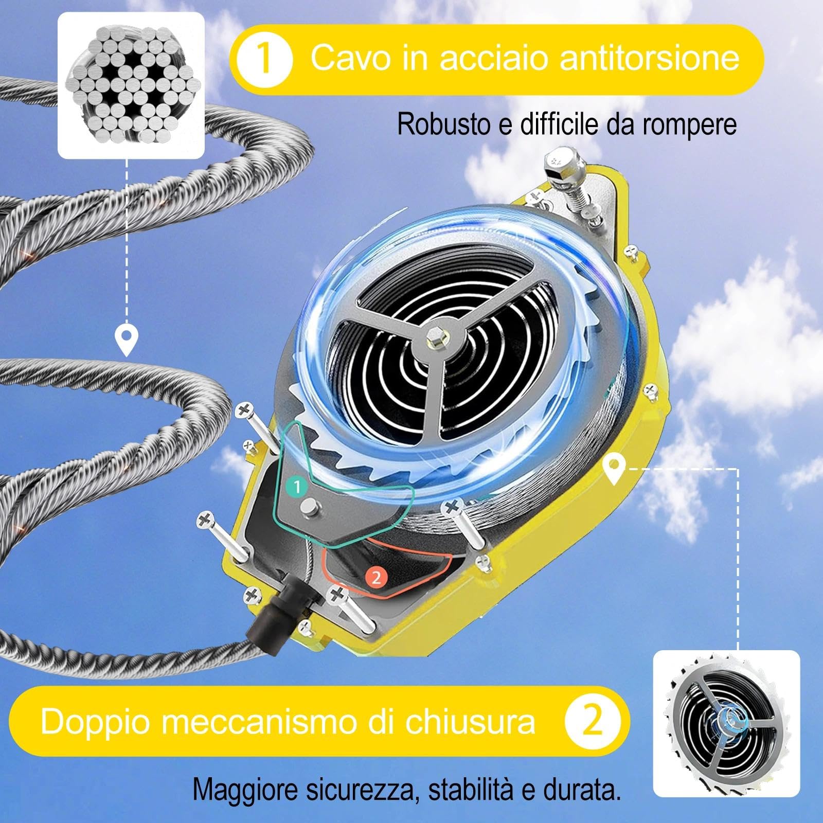 Dispositivo Anticaduta Retrattile 3-20M, Imbracatura Sicurezza Anticaduta Lavori in Quota, Richiamo Automatico e Gancio Autobloccante per Edilizia Tetto Elettrica(Giallo,10m)