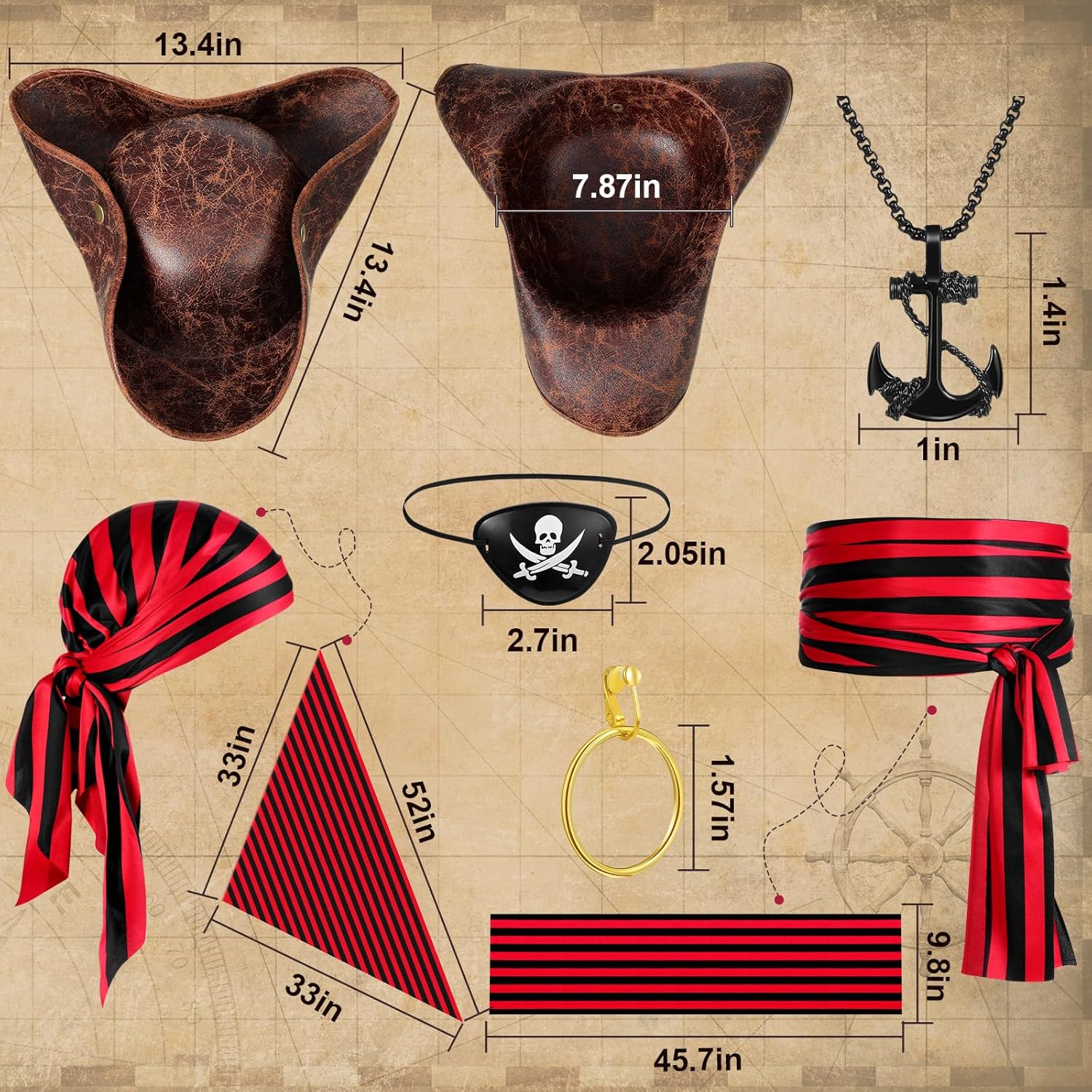 Capoda 6 Pcs Pirate Costume Accessories Set for Women Men Adult Pirate Outfit Cosplay (Black and Red) - Image 3