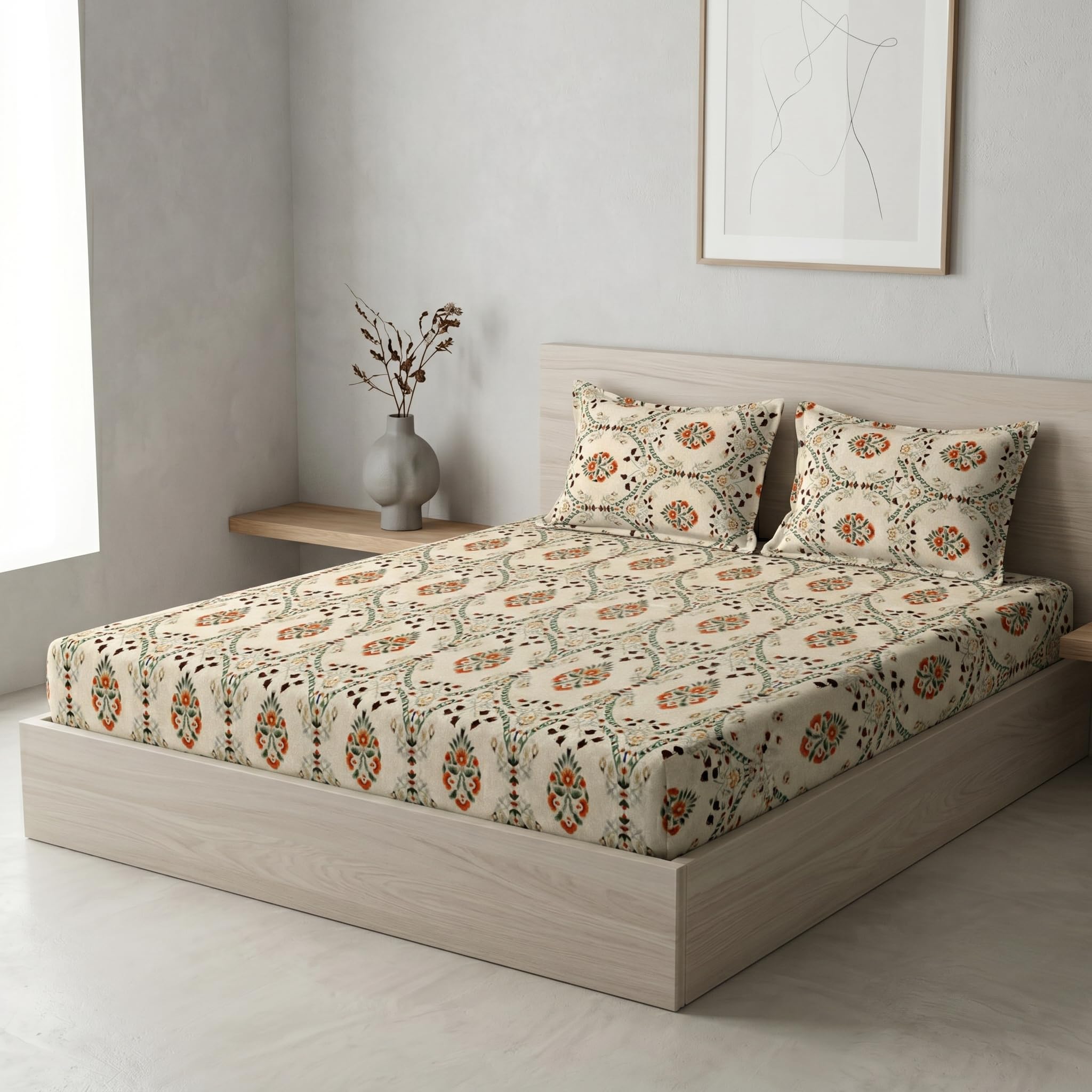 LOOMLYFE 300 TC Cotton Double Bedsheet with 2 Pillow Covers | 90x100 Inches King Size Bed Sheet | Soft, Breathable & Fade Resistant Bedding Set - BeigeJaipuri