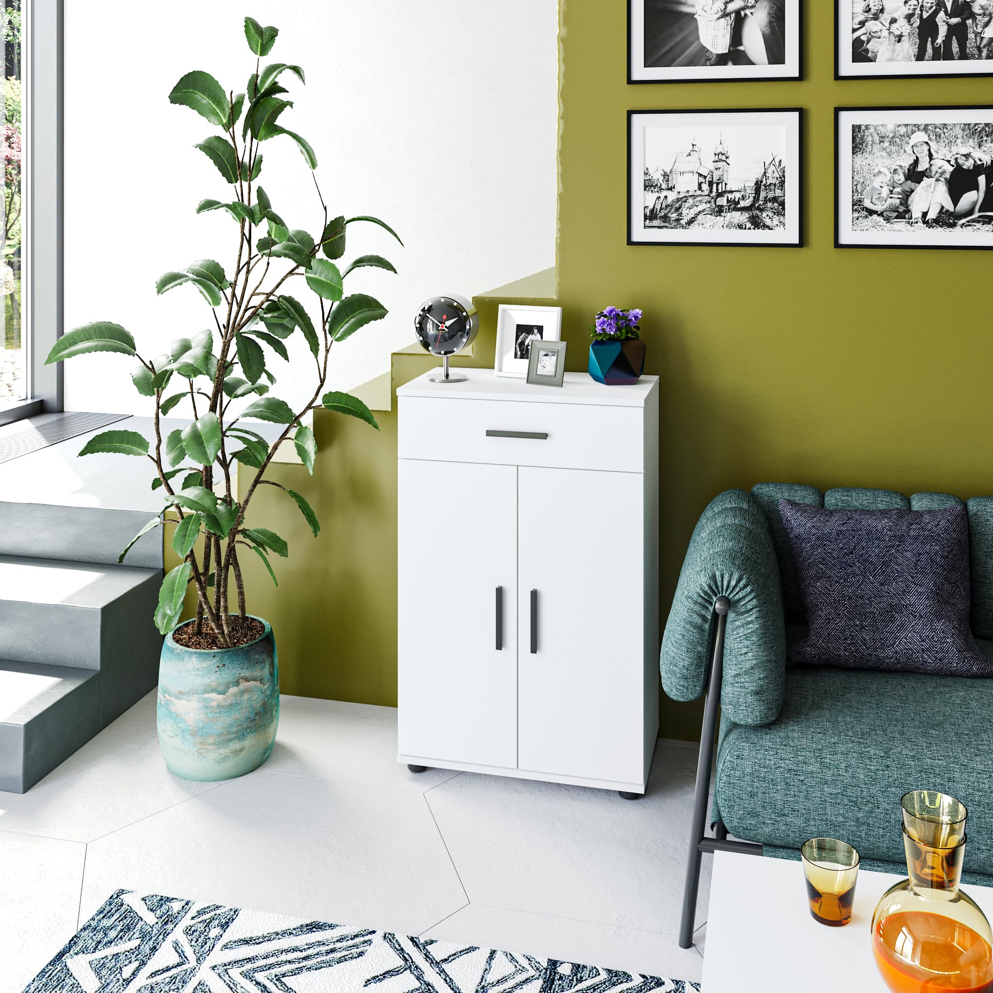 Komto Buffet Blanc – Meuble 2 Portes et 1 Tiroir pour Salon, Commode Meuble de Rangement | Porto 93 x 60 x 34 cm