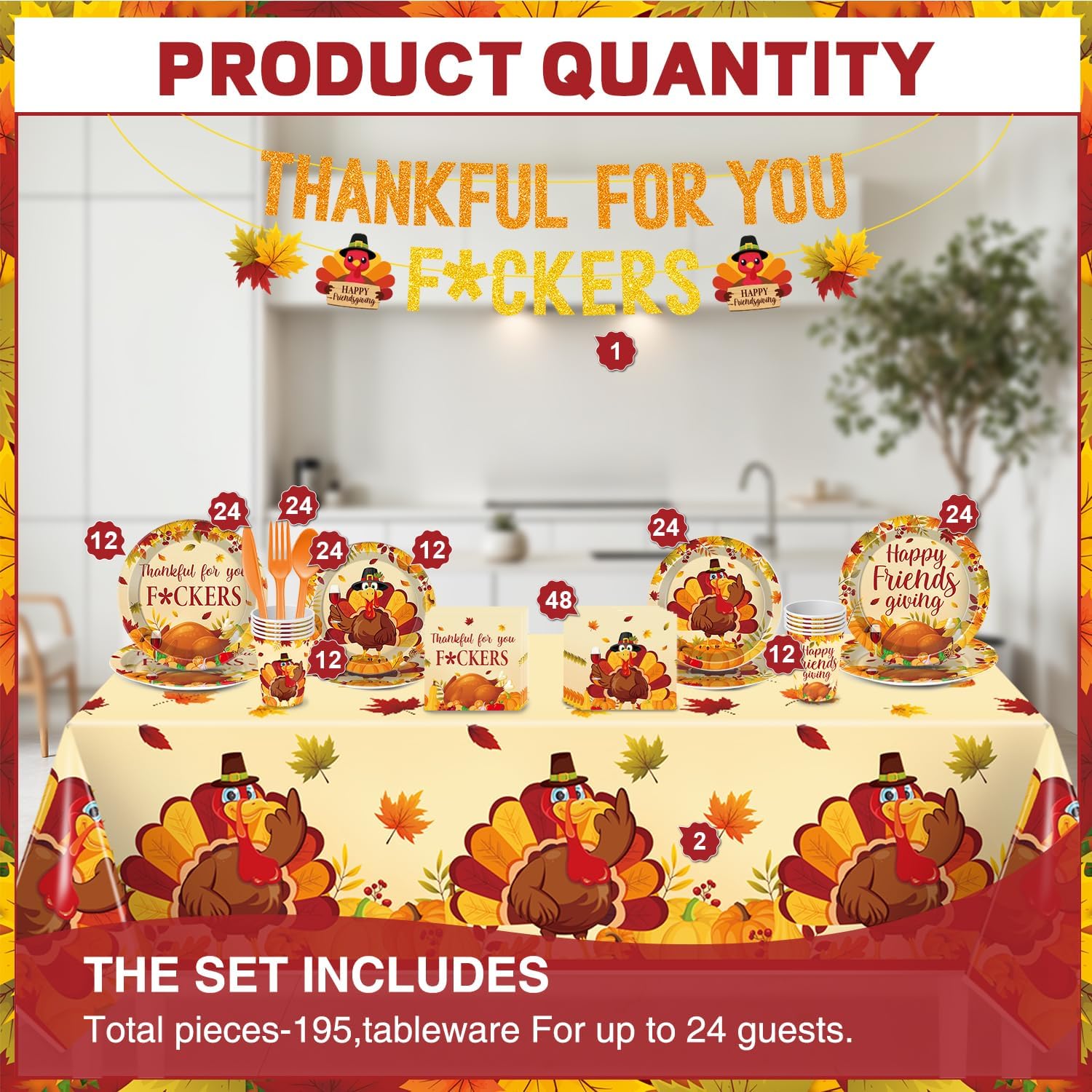 Thankful for You Tableware Thanksgiving Plates and Napkins Sets, Friendsgiving Party Disposable Dinnerware Paper Supplies, Thanksgiving Party Decorations Plastic Tablecloth, Serves 24
