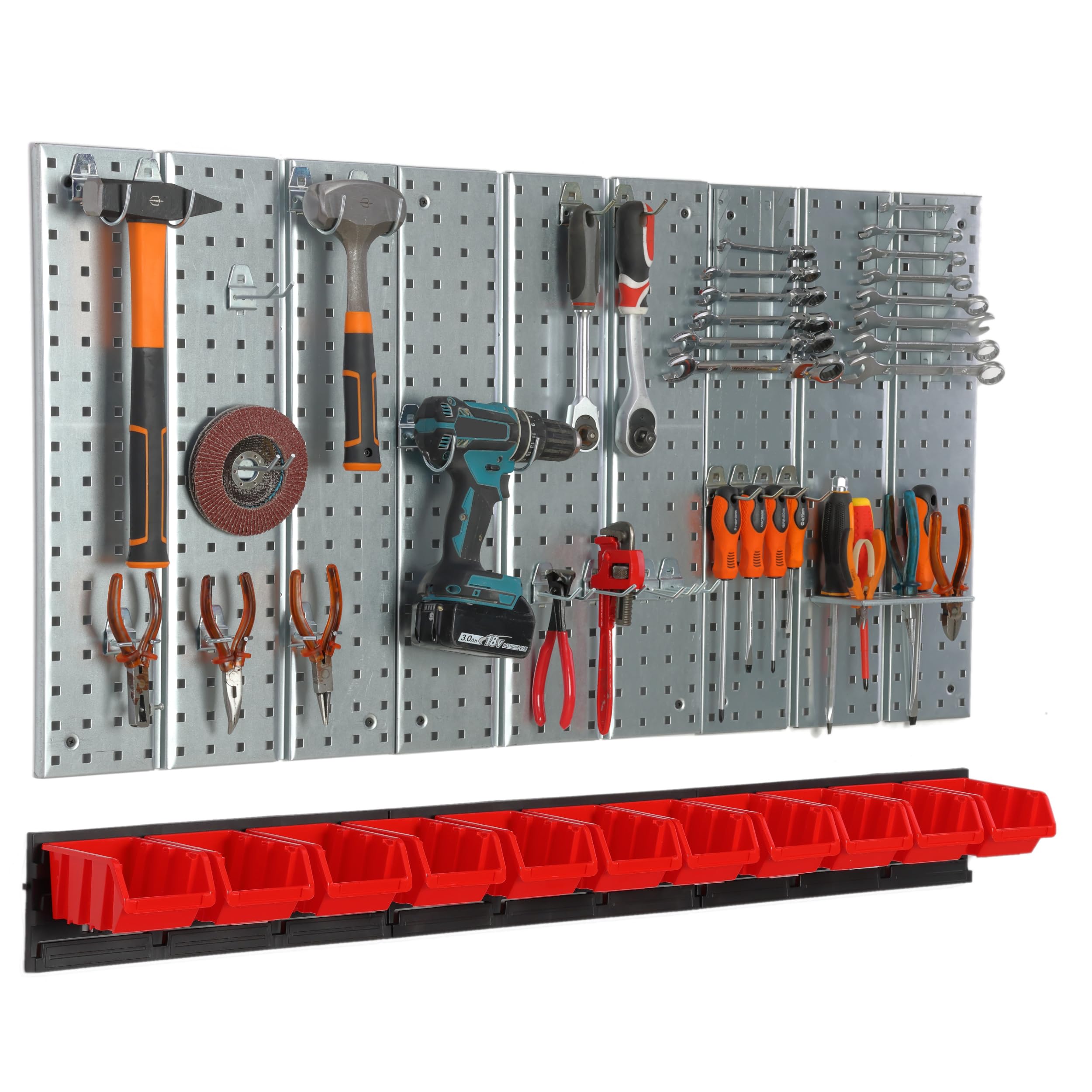 Panel de herramientas de metal 117 x 72 cm, sistema de almacenamiento con portaherramientas, ganchos para herramientas y 11 cajas apilables, 100 x 150 x 70 mm, color: rojo, tablero perforado, taller,