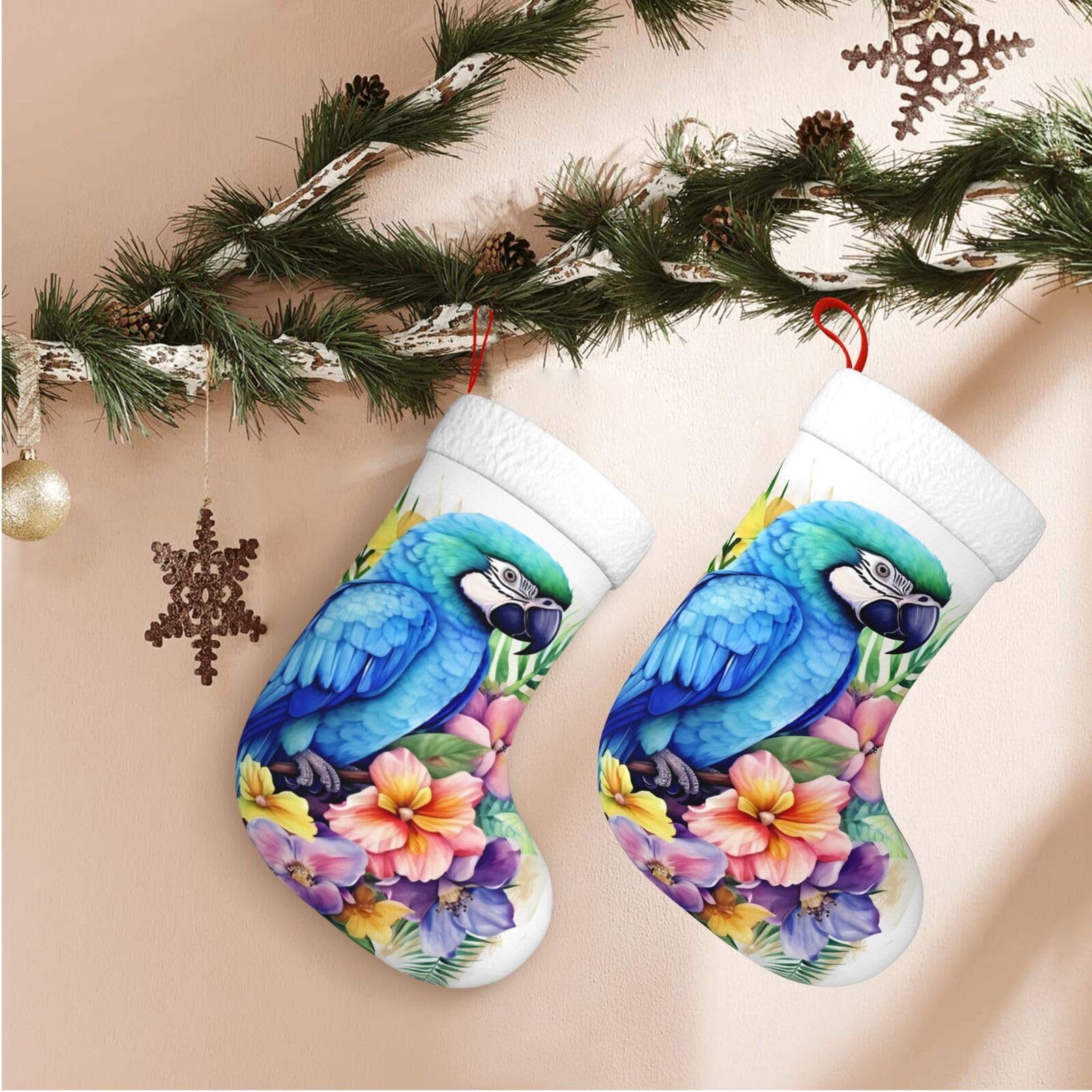 Blue Parrot in Flowers Christmas Stockings Velvet Xmas Fireplace Hanging Stocking with Plush Cuff Rustic Christmas Santa Stockings for Home Christmas Decorations Party Favor Supplies