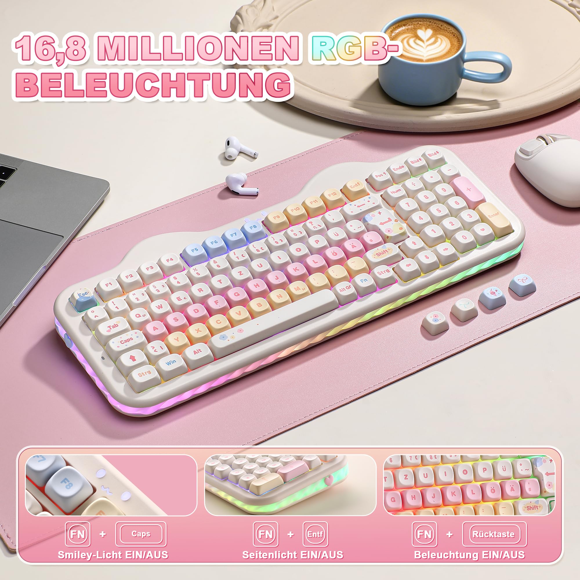 YUNZII C98 ISO DE - Tastiera meccanica wireless (beige, Milk V2 Linear)