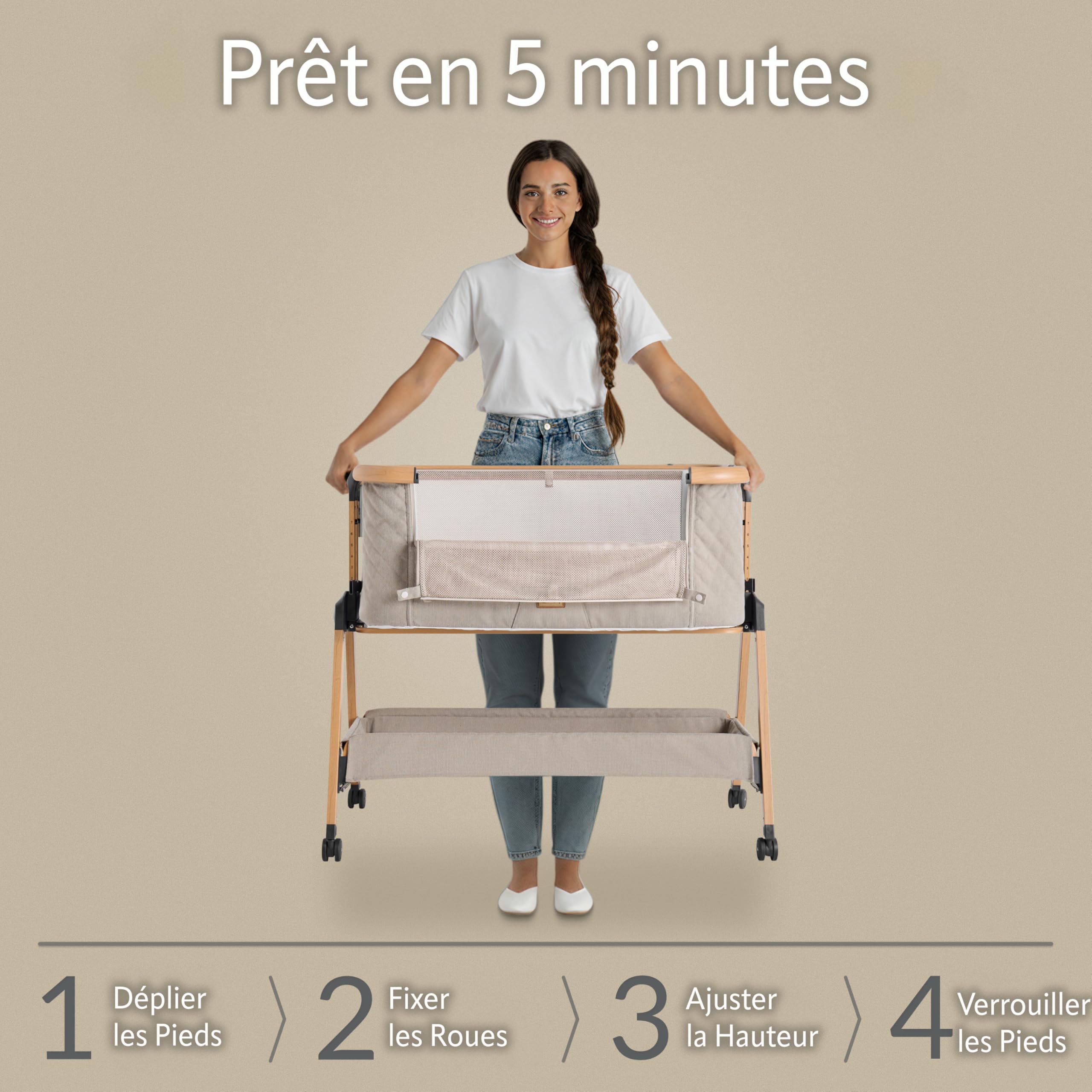 SnooBee Lit Bebe Berceau Cododo Bébé Réglable – Lit Co-Sleeper Nouveau-né avec Matelas, 7 Niveaux de Hauteur, Roulettes, Côtés en Mesh Respirant, Pliable avec Sac de Transport, 0–6 Mois