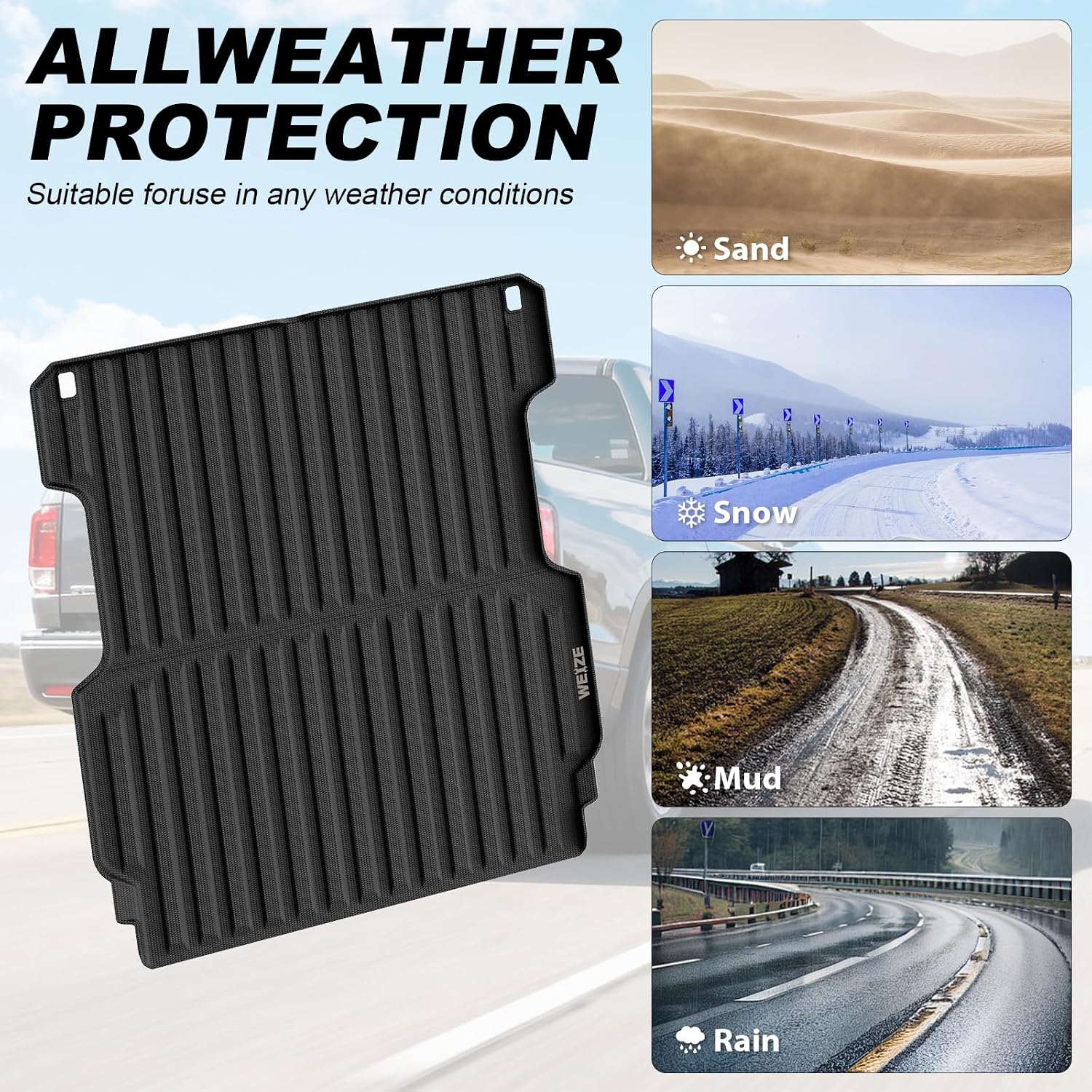 WEIZE Truck Bed Mat for 2017-2025 2026 Honda Ridgeline (5.3FT/64) Bed Mats, All Weather Protection TPE Truck Bed Liner Durable Easy Clean Black