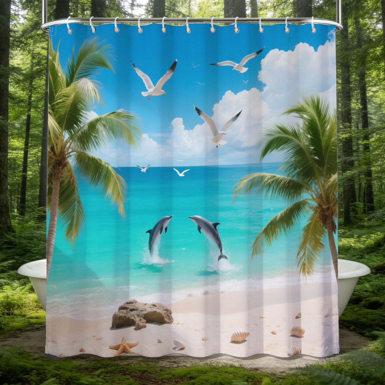 Rideau de douche plage tropicale pour une ambiance de vacances en salle de bain