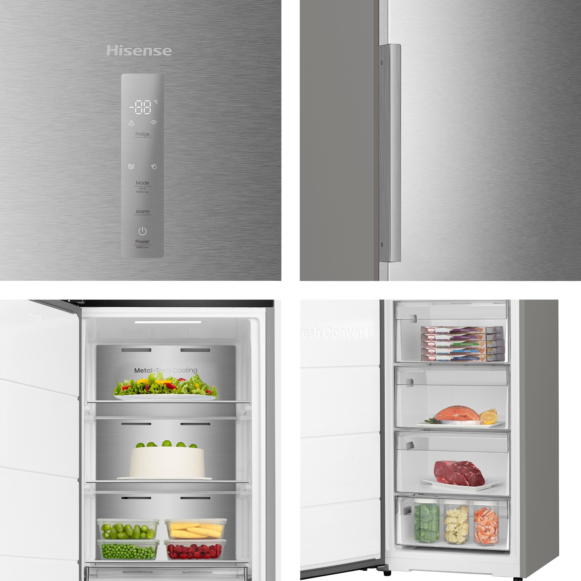 Hisense FT3K310SAIE - Congelador 1 Puerta De Libre Instalación Kitchen Fit, Class E, 312L, Alto 185.6 cm x Ancho 59.5 cm, Color Inox, Ventilación Inferior, Apertura de Puerta 90º, Metal-Tech Cooling
