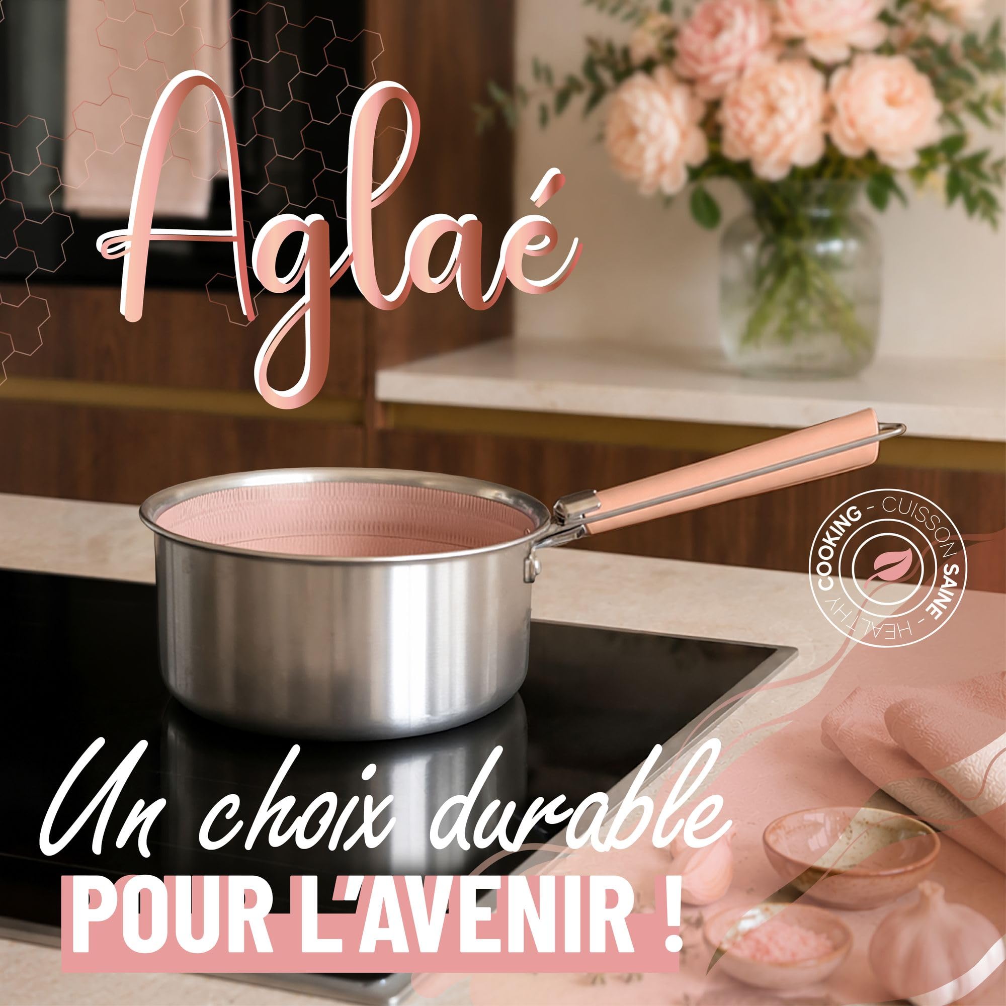 MENASTYL - Lot de 2 casseroles amovibles Aglaé 16/20 cm en inox triply avec poignée - Revêtement céramique nid d'abeille sans PFAS - Induction - Rose Gold - Four et lave-vaisselle - Haute résistance