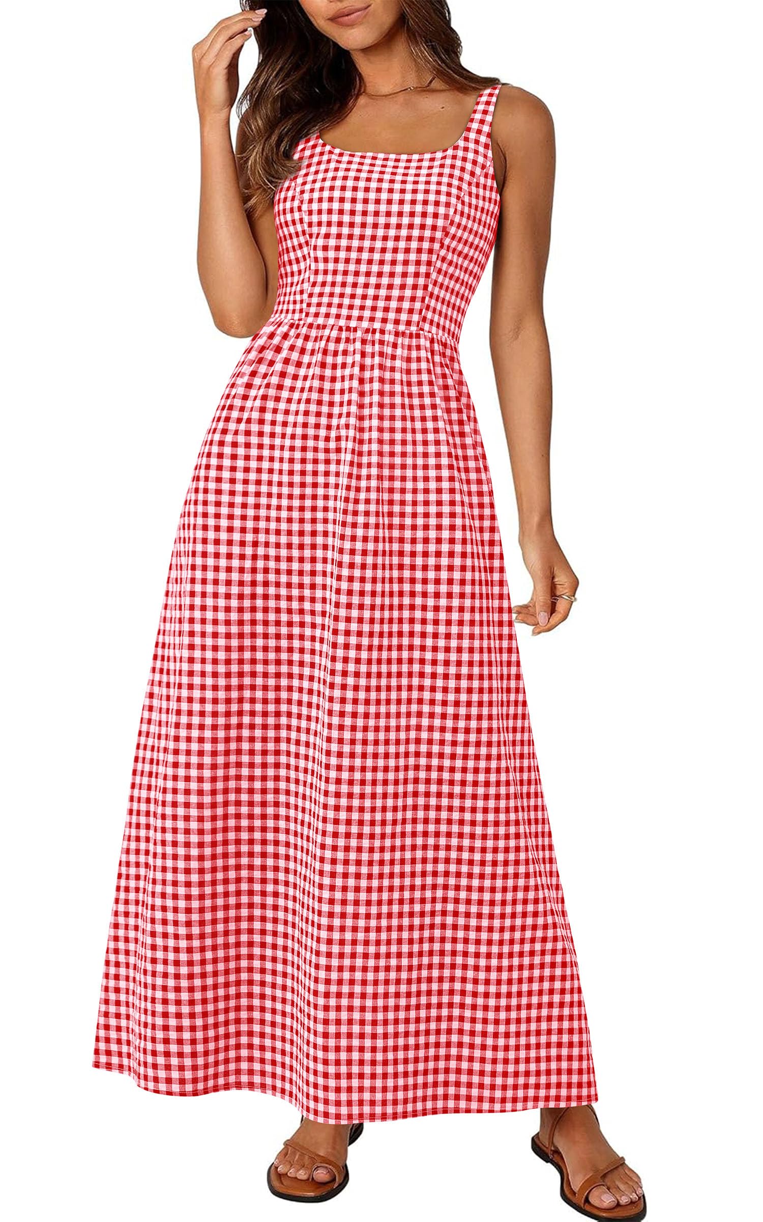 PRETTYGARDEN Women's 2025 Summer Spaghetti Strap Maxi Dresses Plaid Square Neck A Line Casual Beach Vacation Long Sundress