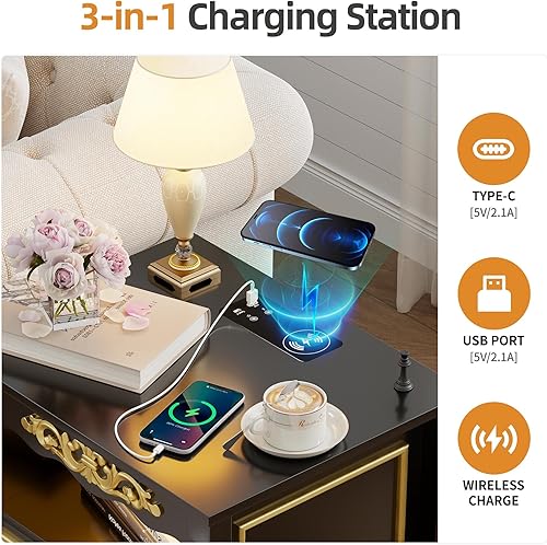 Miniatura 11 de Gurexl Mesita de noche de granja con cajón para armas, mesita de noche vintage de 20 pulgadas con luces LED y estación de carga, mesa auxiliar alta