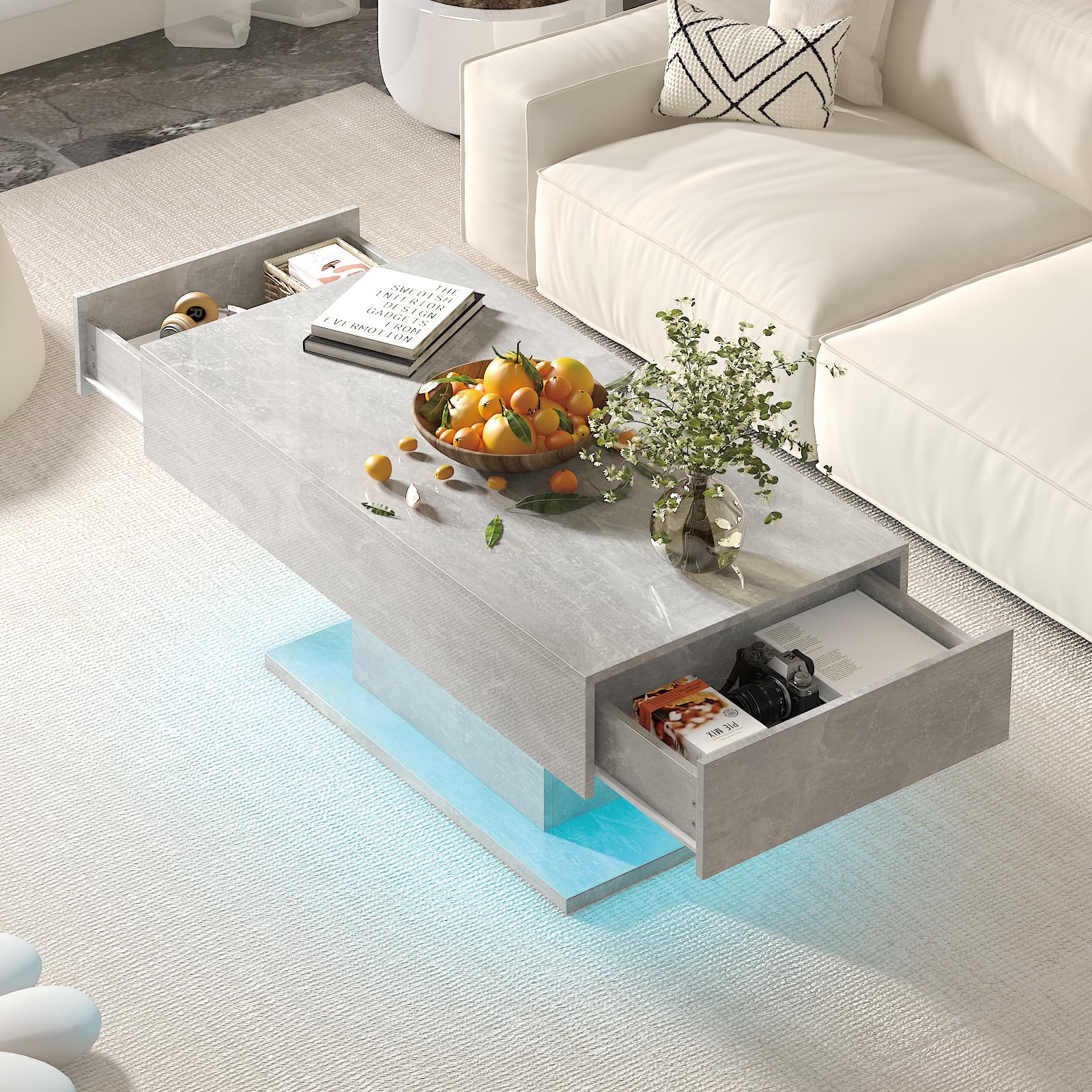 KEEPREAPER Couchtisch, Wohnzimmertisch mit LED Beleuchtung und 2 Schubladen für Wohnzimmer Hochglanz 110x55x50cm (Grau)